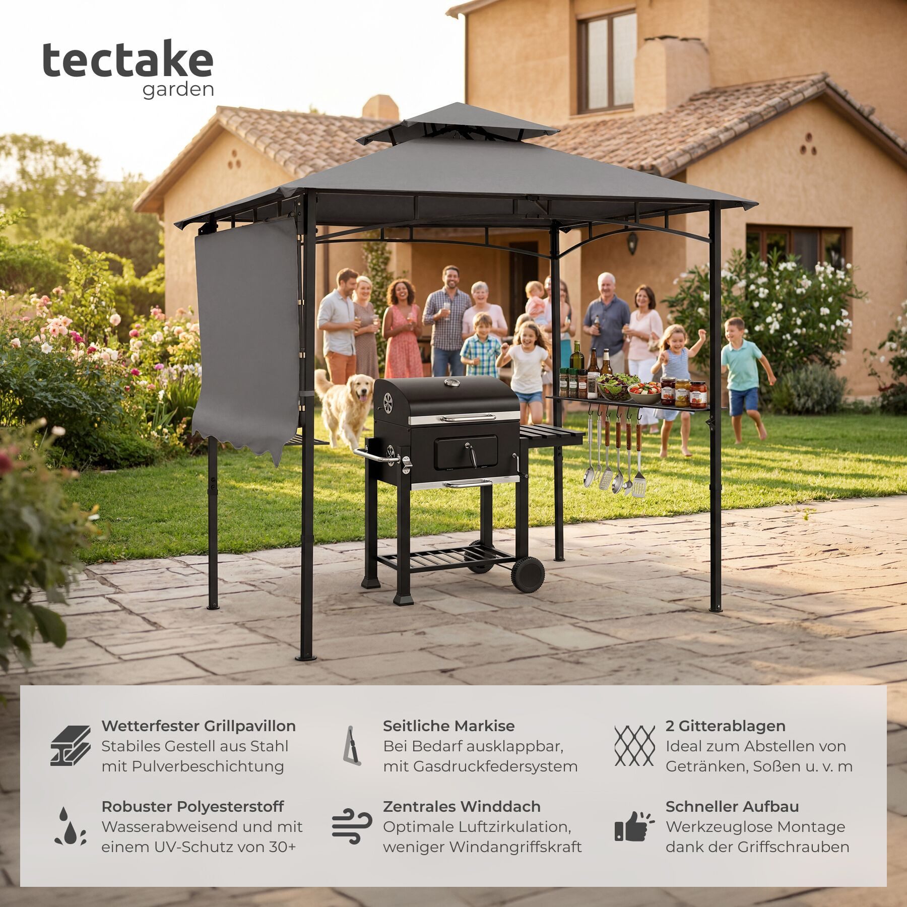 tectake Pavillon Grillpavillon, inklusive 8 Heringen und 6 Haken, 316 x 150 x 250 cm, mit 2 Seitenteilen, (316 x 150 x 250 cm, Komplettset), Doppeldachsystem, Flaschenöffner am Gestell