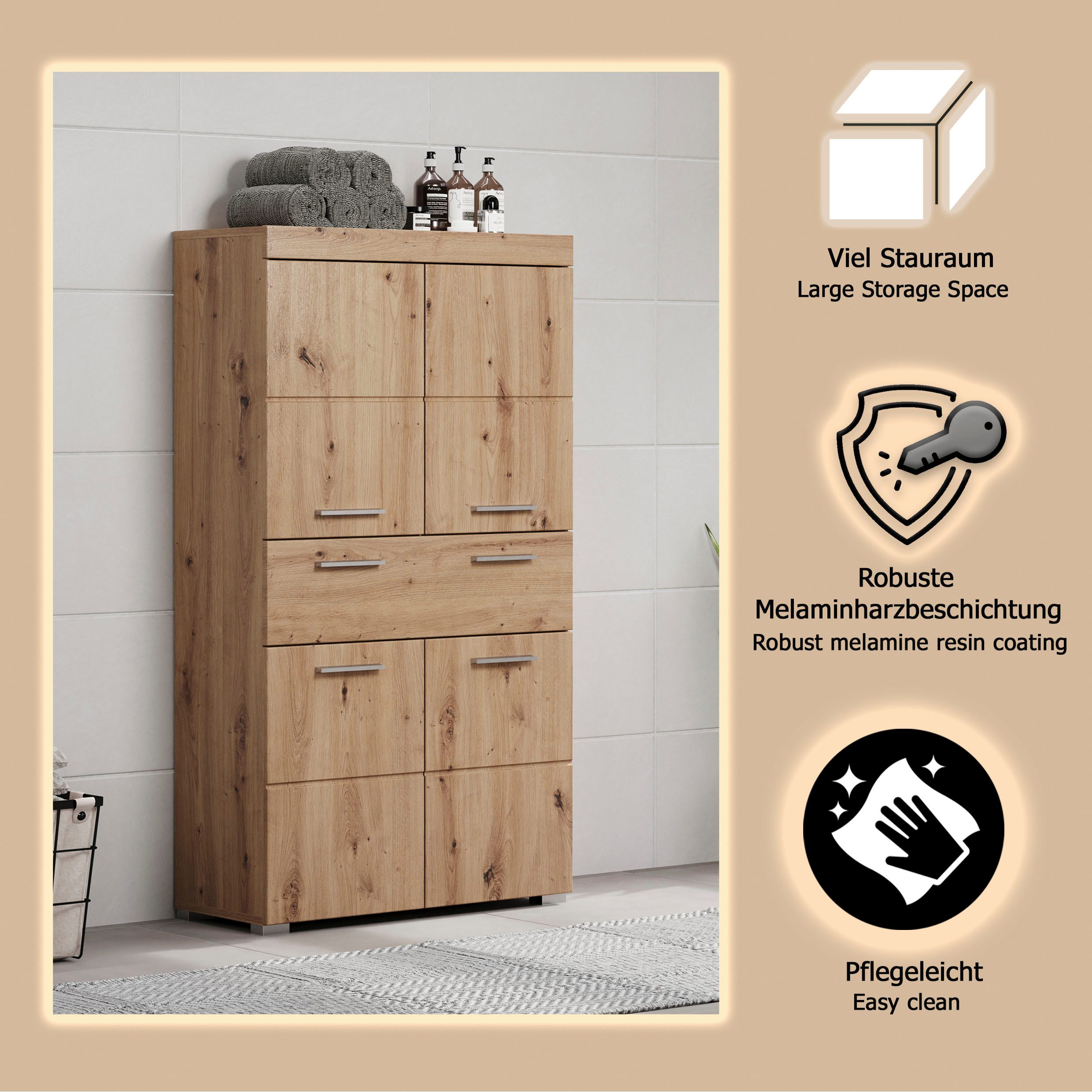 welltime Midischrank Avena Standschrank mit 4 Türen, 1 Schublade - (B/T/H) 73/31/130 cm – Bild 4 von 5