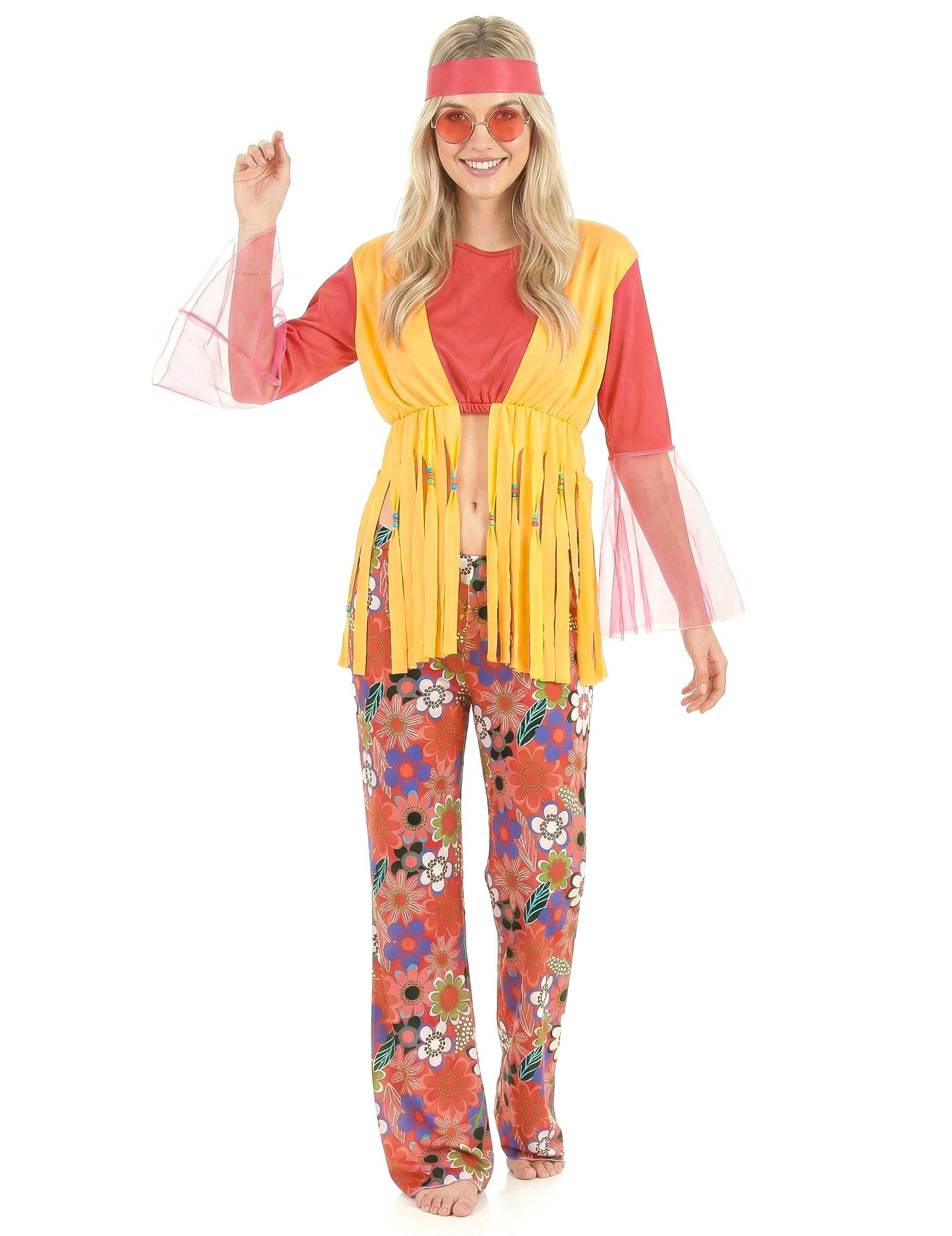 Kostüm Hippie-Damenkostüm mit Fransenweste pink-orange-bunt