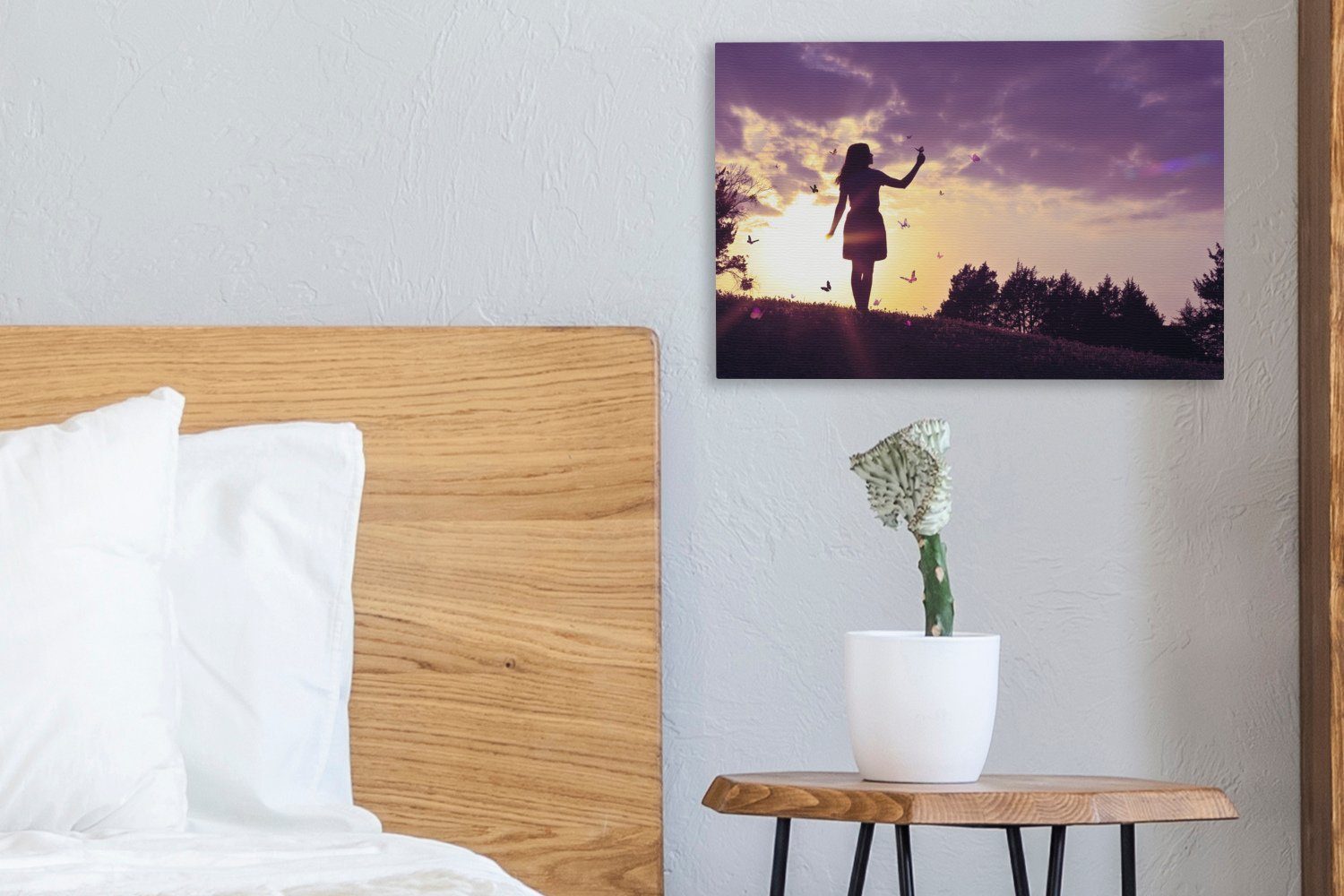 OneMillionCanvasses® Leinwandbild Wanddeko, Wandbild cm St), von 30x20 schönen Aufhängefertig, (1 Leinwandbilder, Schmetterlingen einem umgeben und Mädchen Himmel