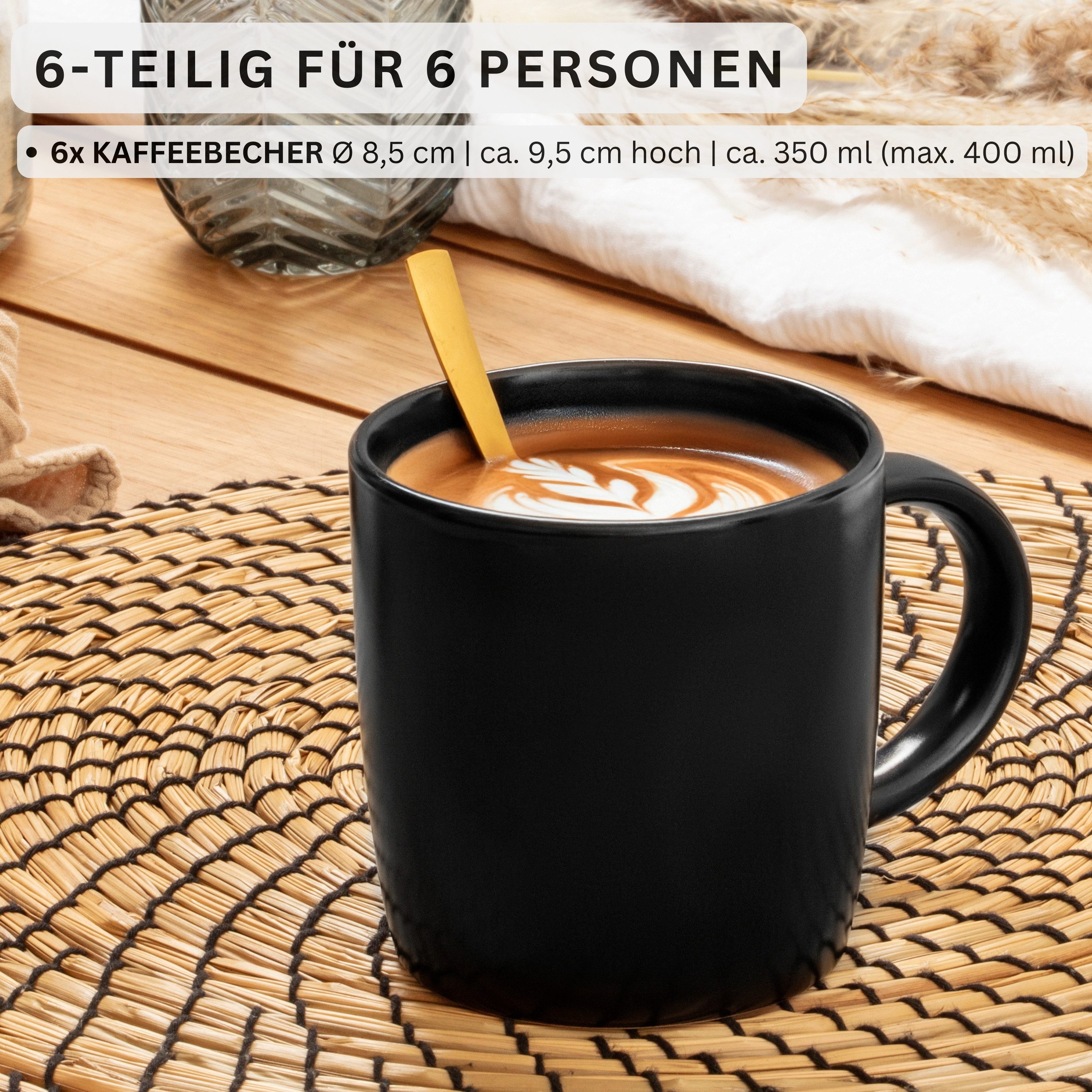 SÄNGER Becher Madeira Schwarz Matt, 6-tlg., Steingut, 6 tlg. Kaffeebecher Set, Handmade, VALUE COLLECTION