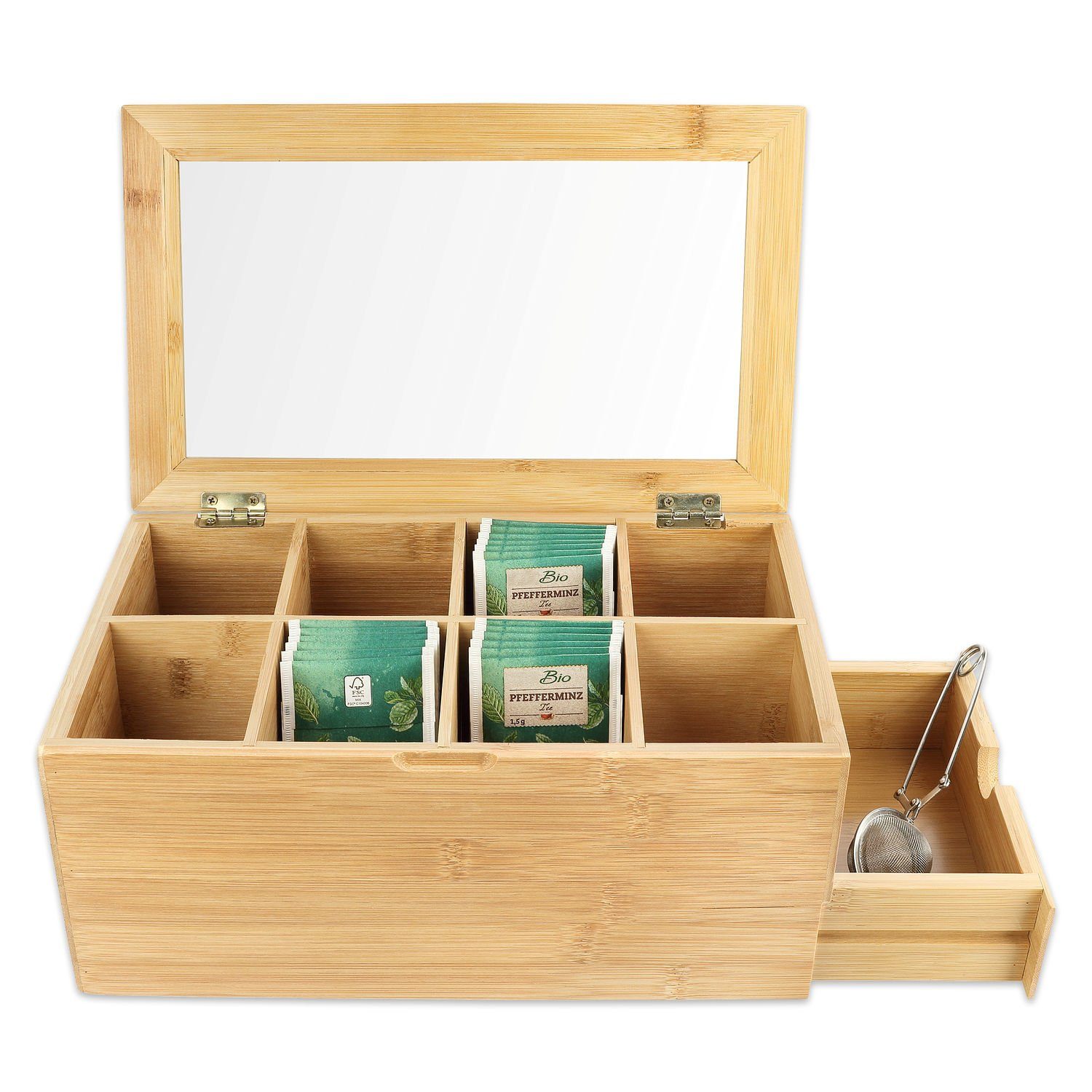 Schramm Teebox Schramm® Teebox aus Bambus mit Deckel ca. 31 x 19 x 14 cm  mit Sichtfenster 8 Fächer und Schublade Teebeutelbox Teekasten Tee Box