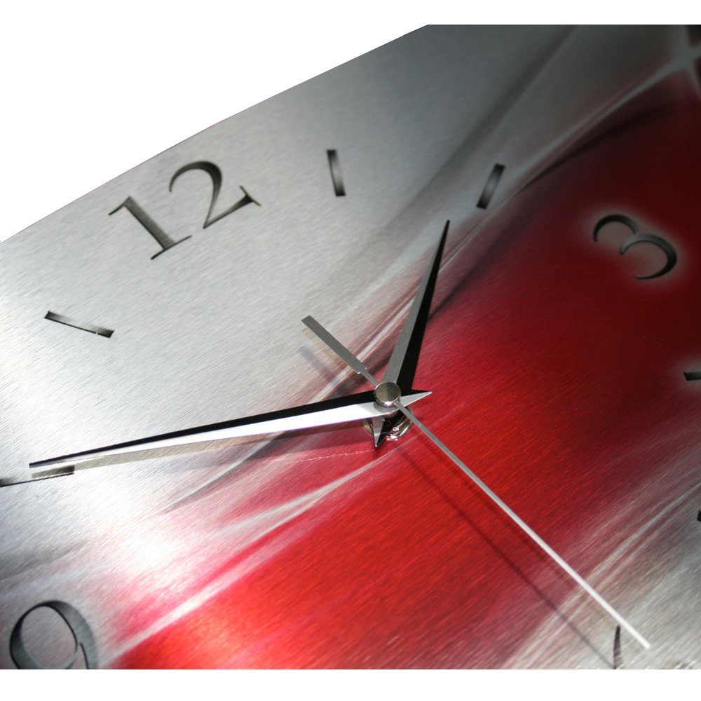 Kreative Feder Funkwanduhr 3D Design-Wanduhr "Red Wave" aus gebürstetem Aluminium (ohne Ticken; flüsterleises Funkuhrwerk; außergewöhnlich, modern)