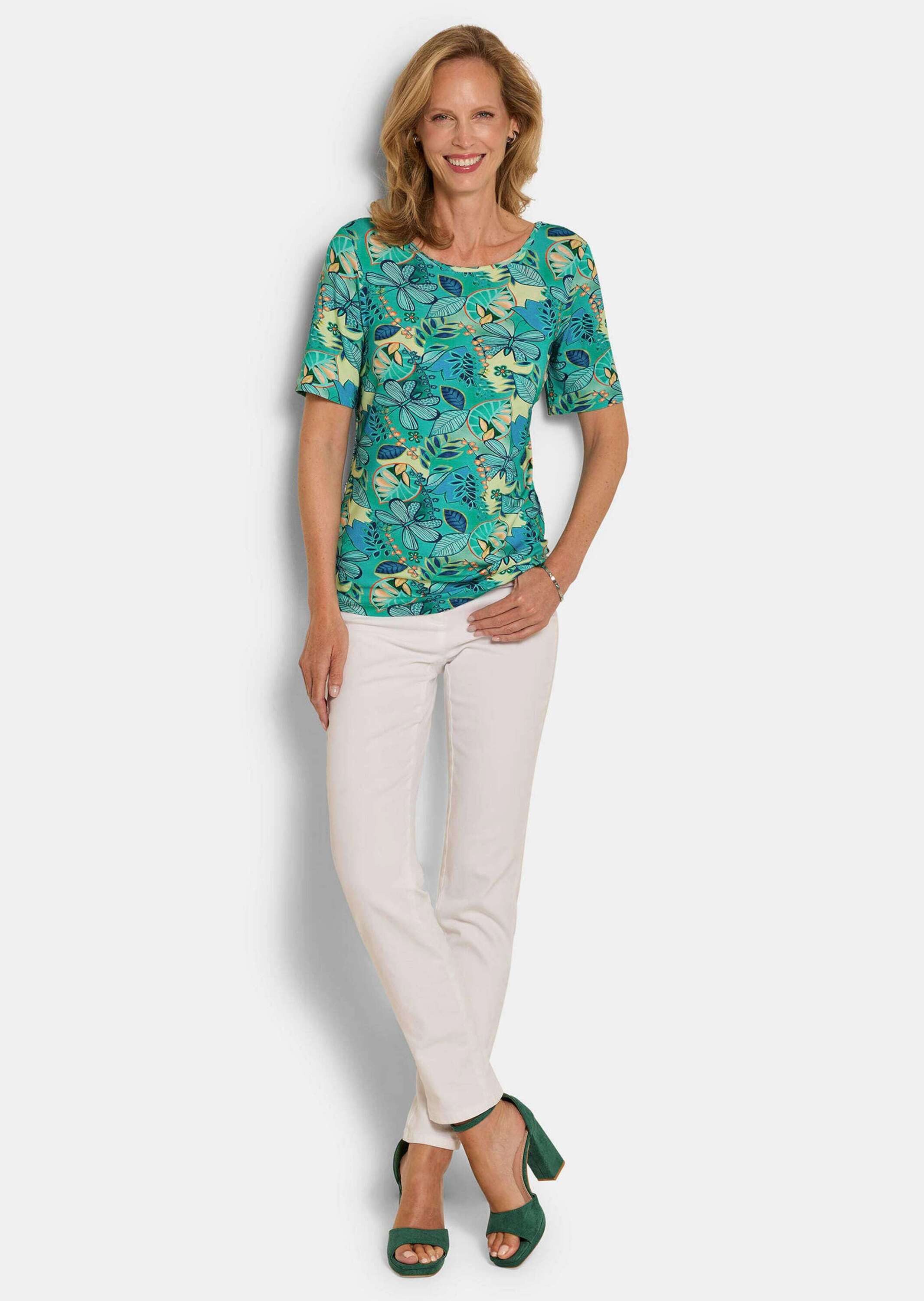 GOLDNER T-Shirt Cityshirt mit floralem Print Lässiges Druckshirt mit U-Boot-Ausschnitt und Halbarm
