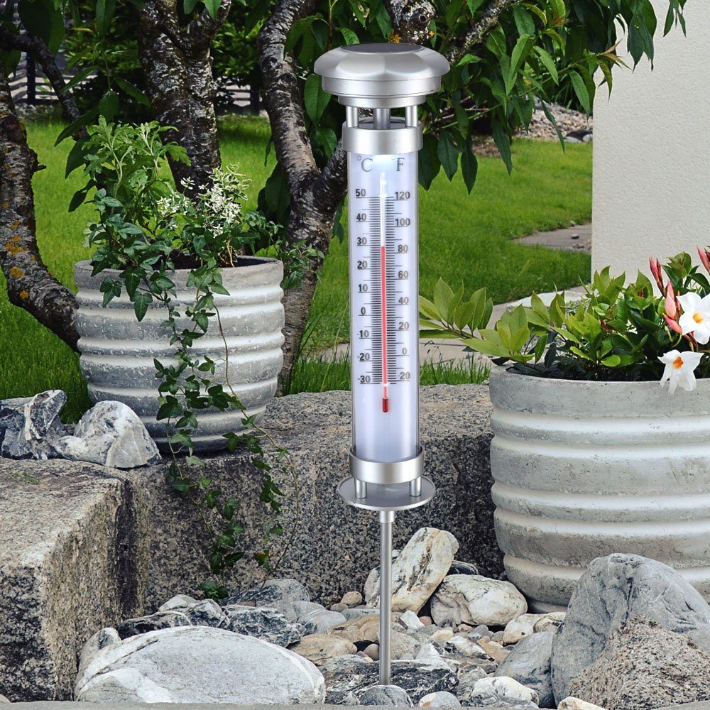 etc-shop LED Gartenleuchte, LED-Leuchtmittel fest Außenlampe Solarleuchte Thermometer Solarlampe LED Kugel Akku Warmweiß, verbaut