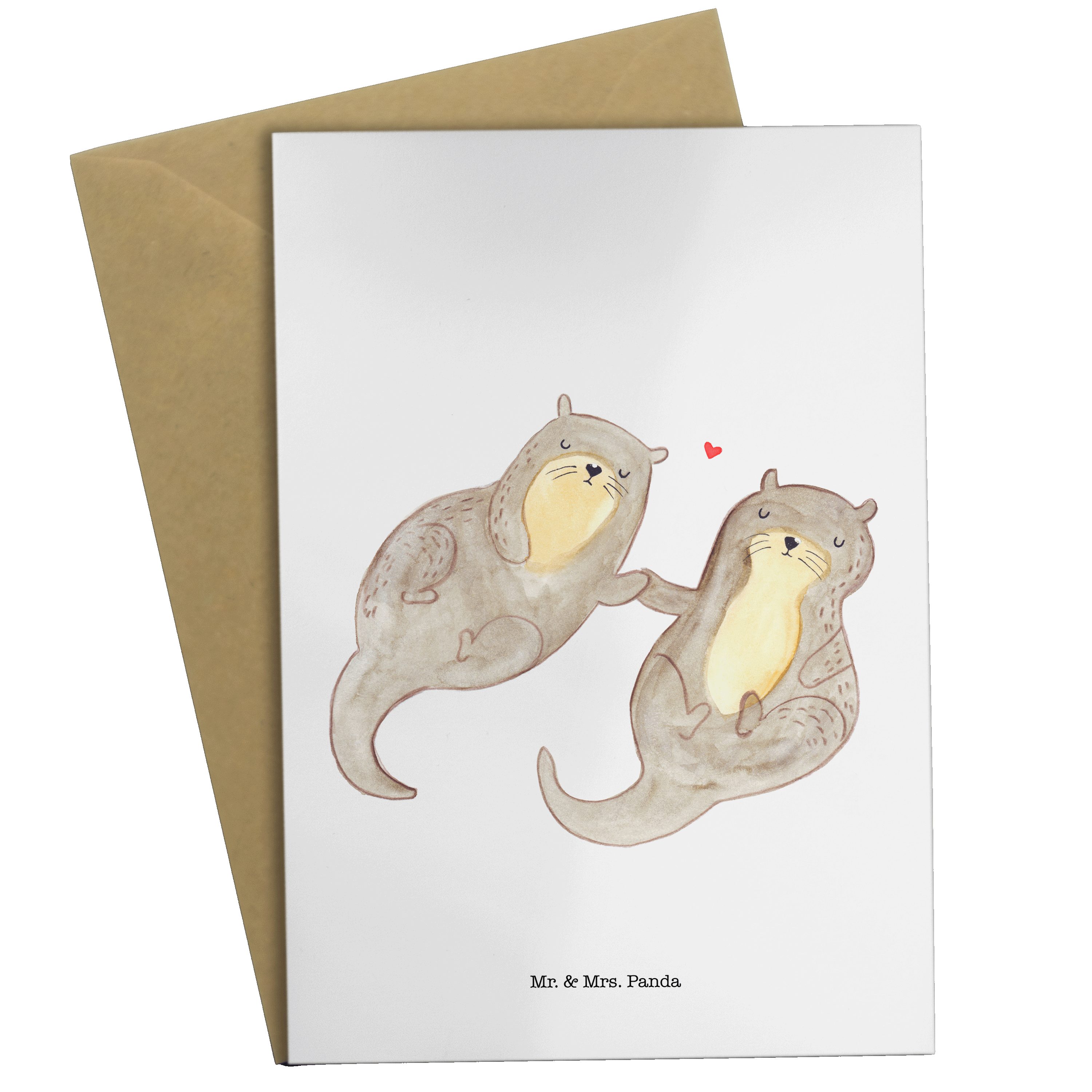 Mr. & Mrs. Panda Grußkarte Otter händchenhaltend - Weiß - Geschenk, Klappkarte, Fischotter, verl