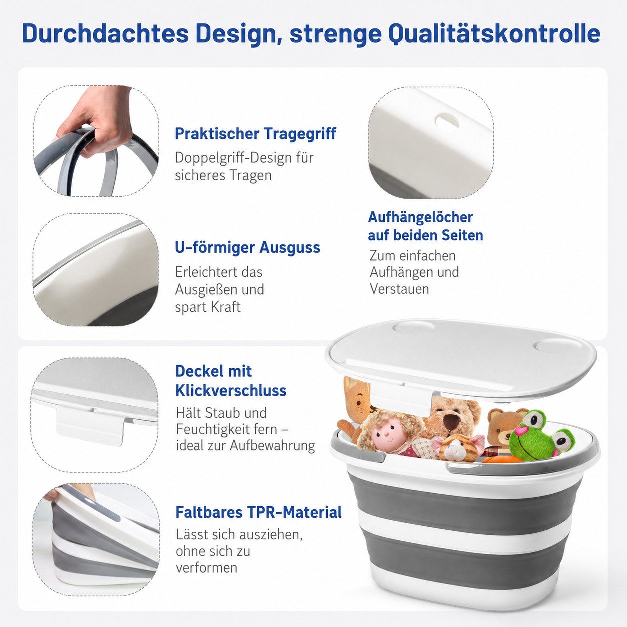 SURFOU Falteimer Faltbarer Silikon-Eimer 16L mit Griff & Deckel, auch als Picknickkorb, Platzsparend, tragbar, mit Griff & Deckel, für Camping & Reisen