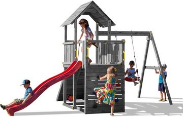 FUNGOO Spielturm CAROL 3 GREY, mit Schaukel & Rutsche, Kletterwand, Kletterfalle