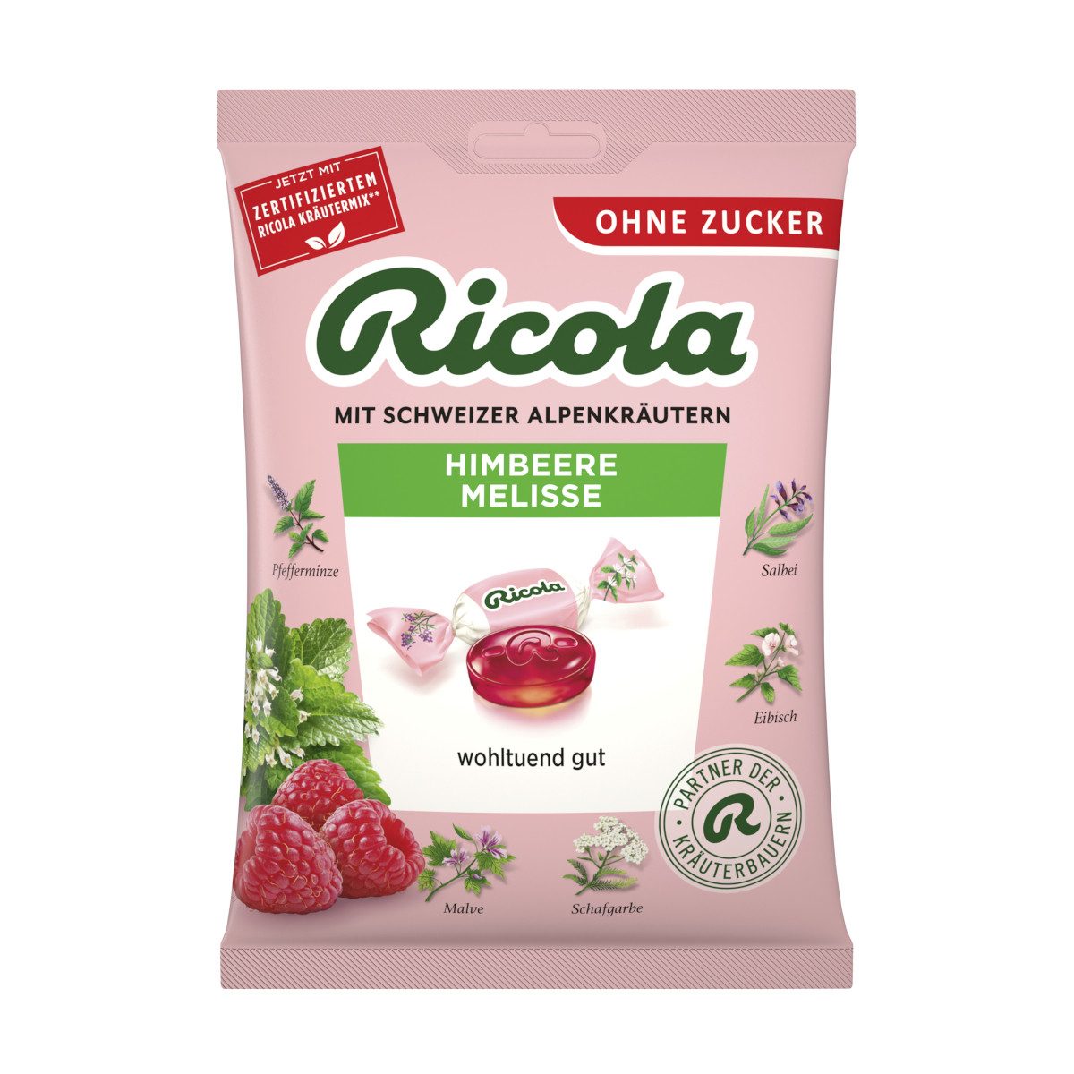 RICOLA Süßigkeit, Ricola Himbeere Melisse ohne Zucker wohltuend gut Packung 75g