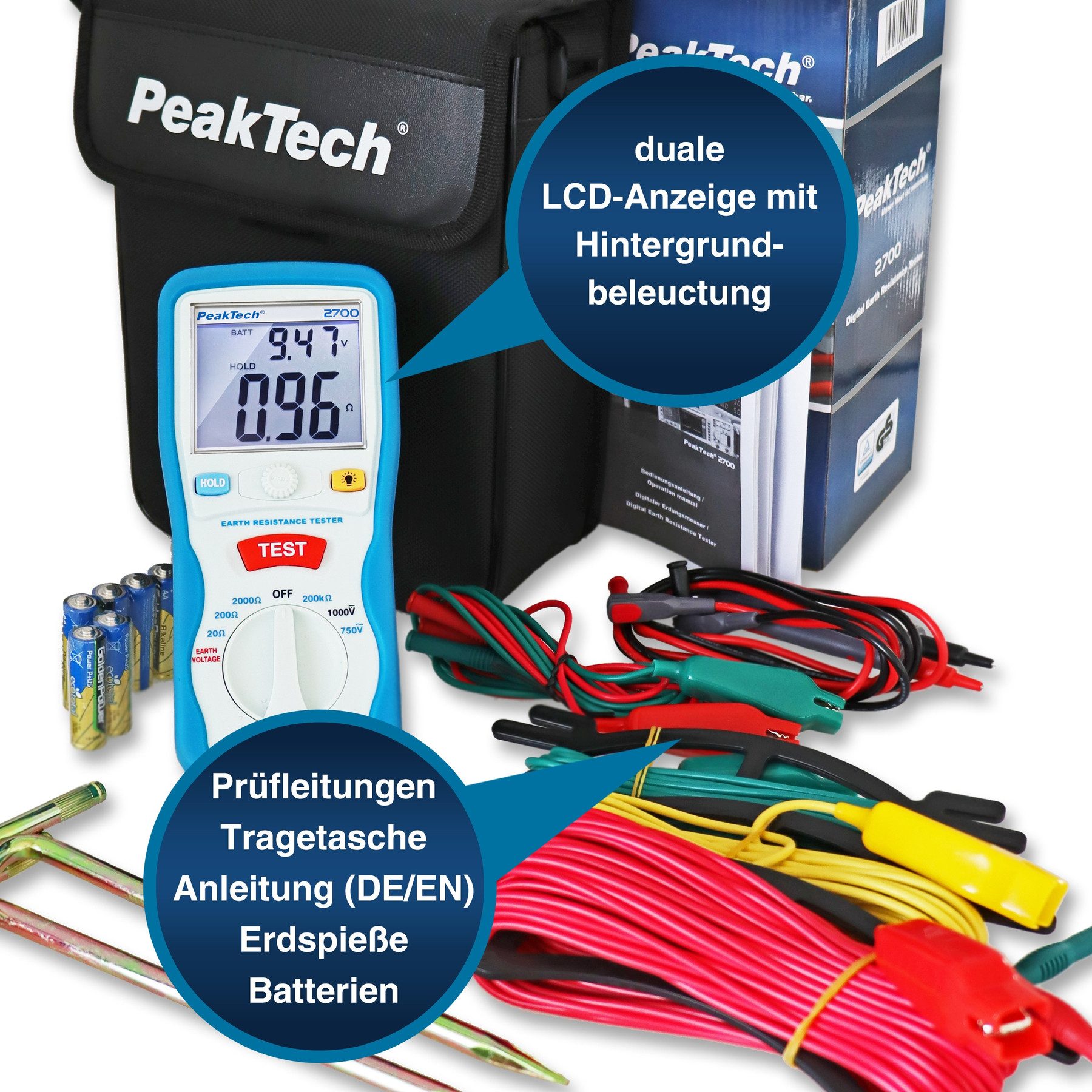 PeakTech Spannungsprüfer PEAKTECH Erdungs-Messgerät, P2700