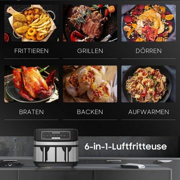 Senmudi Heißluftfritteuse 10L Heißluftfritteuse mit Doppelkammer, XXL Airfryer mit 8 Programmen, 2600,00 W, ohne Öl, XXL Friteuse Heissluft Fritteusen Air Fryer, 5L+5L