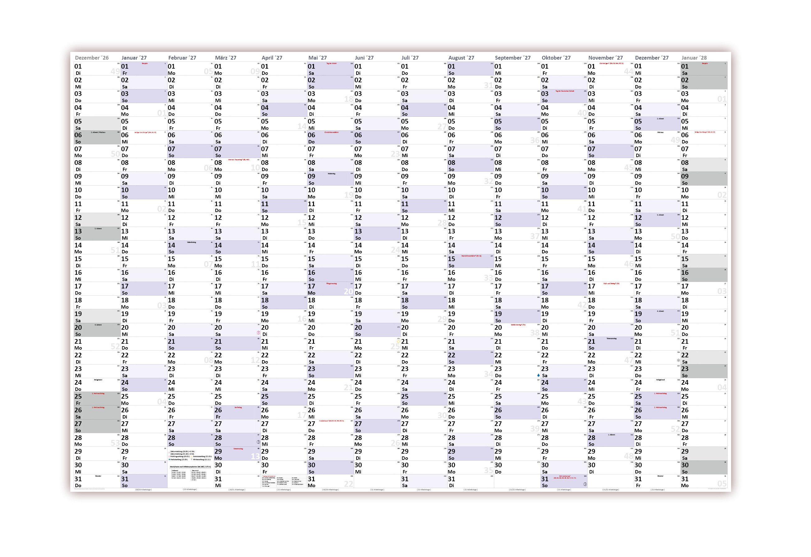 LYSCO Wandkalender XXXL Wandplaner Special A0 2026 + 2027 / 2027 nass abwischbar 120x80cm, das Kalendarium Layout ist für extra große Tageskästchen ausgelegt, durch die Folienbeschichtung nass abwischbar