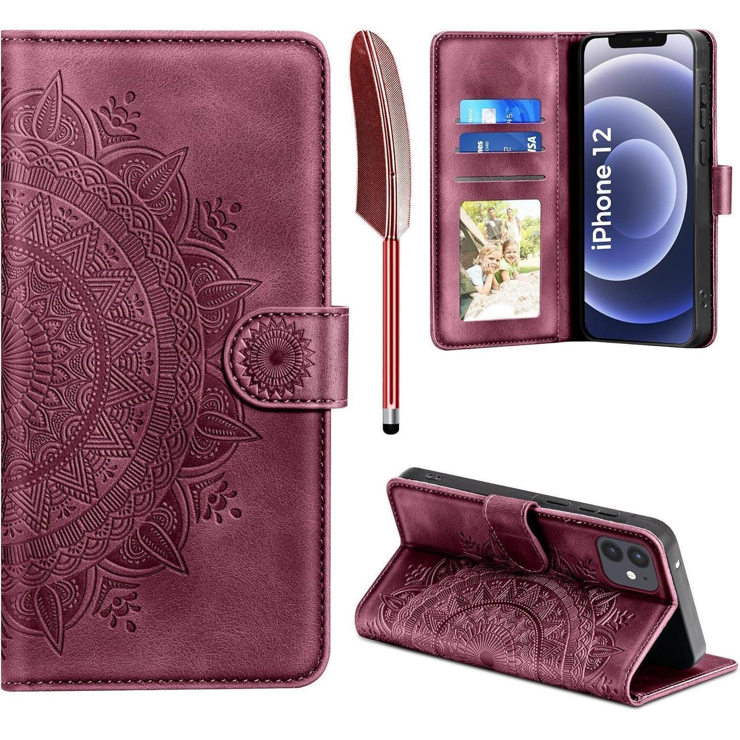 LuxusKollektion Flip Case Handyhülle Klapphülle Hülle Kartenfach iPhone 12 12 Pro Weinrot in