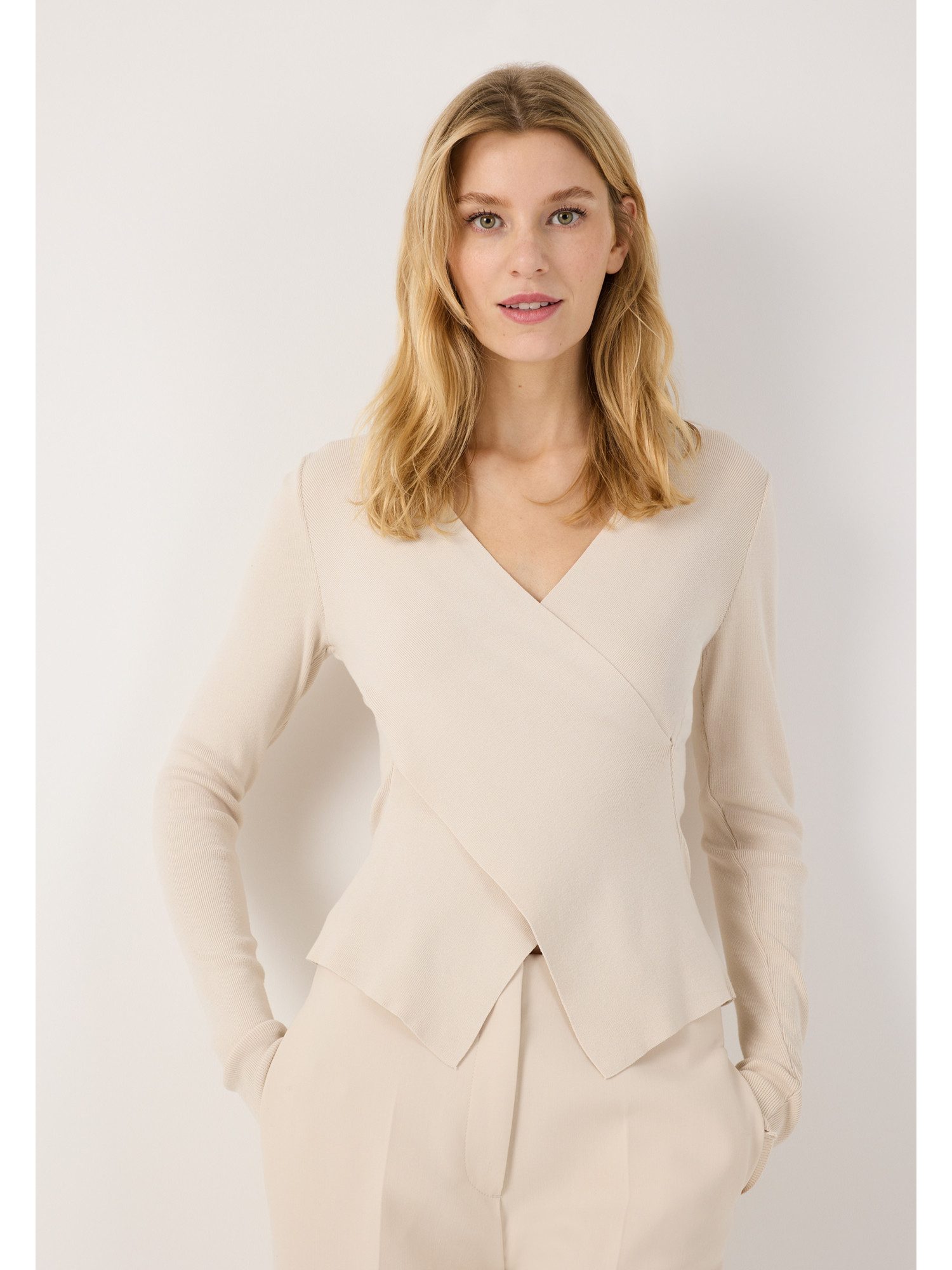 MORE&MORE Rundhalspullover eleganter Pullover, raffinierte Wickeloptik