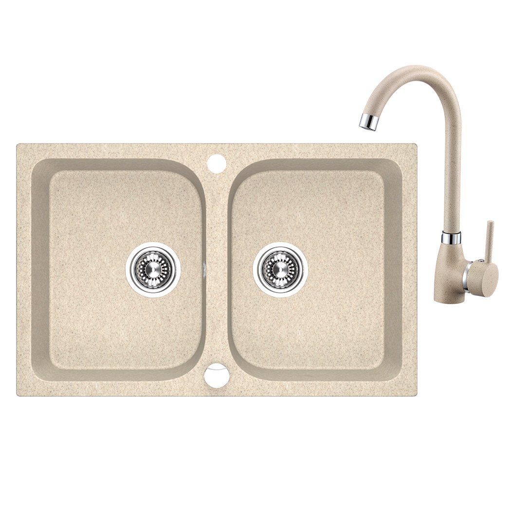 KOLMAN Küchenspüle Celia Set Einzelbecken Granitspüle und Spültischarmatur, Rechteckig, 48/76 cm, Beige | Spülbecken