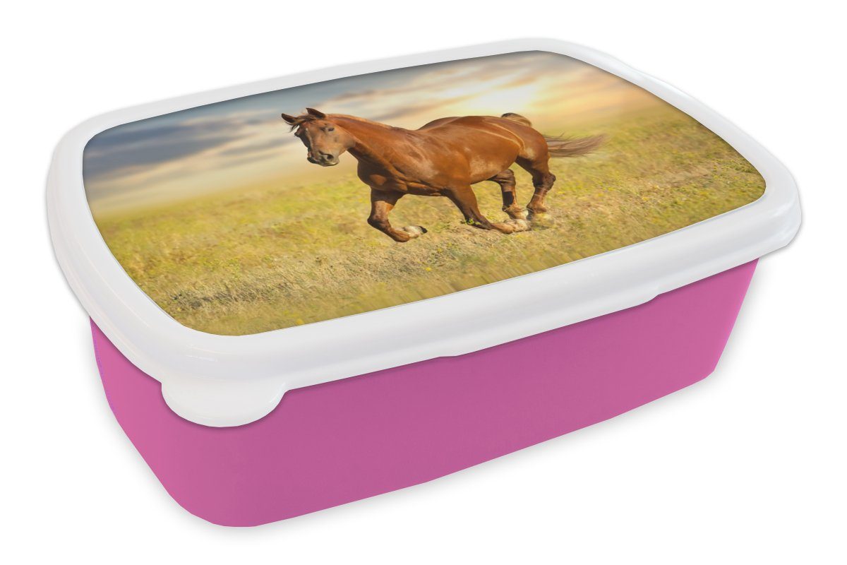 MuchoWow Lunchbox Pferd - Sonne - Gras - Tier, Kunststoff, (2-tlg), Brotbox für Erwachsene, Brotdose Kinder, Snackbox, Mädchen, Kunststoff rosa