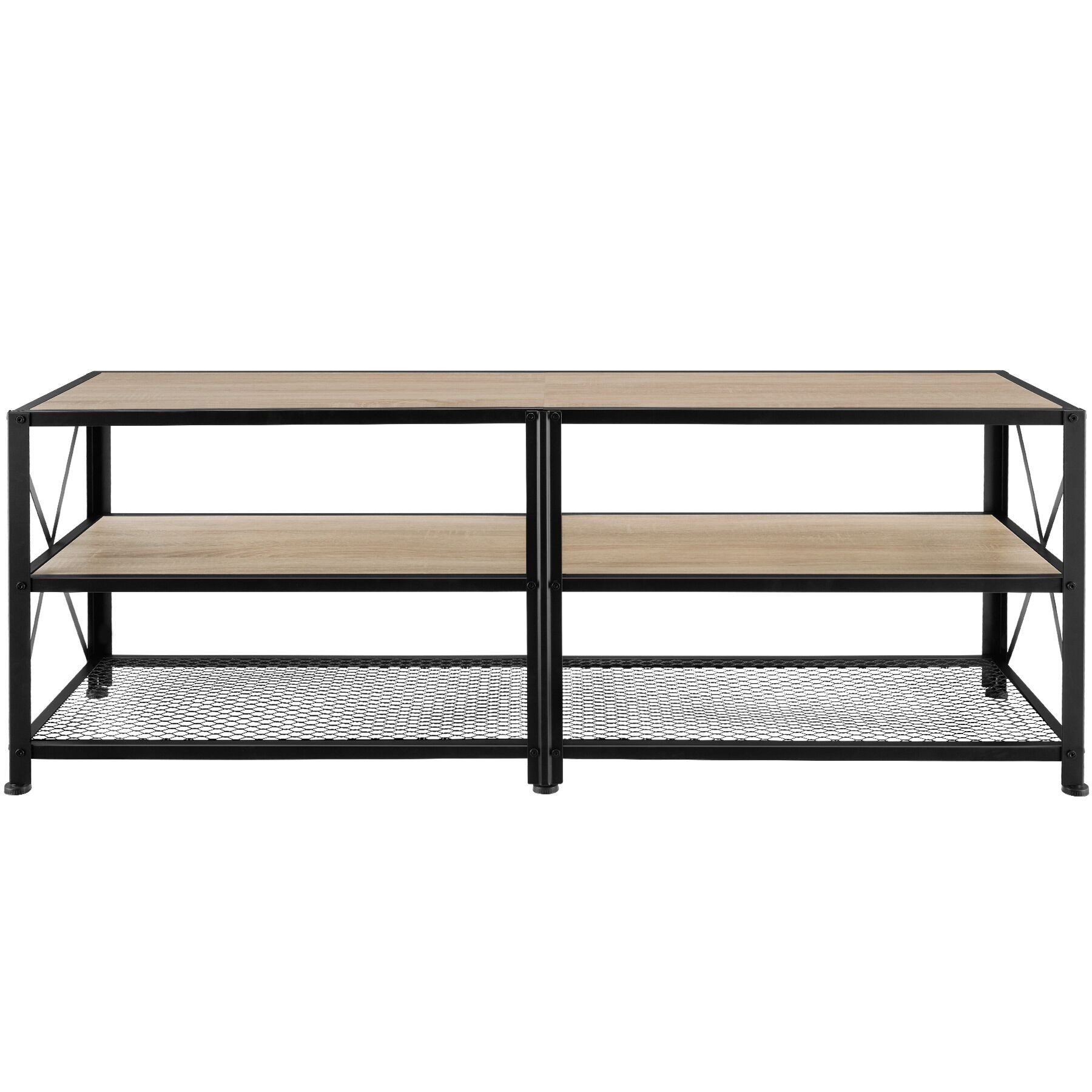 tectake Lowboard TV-Schrank, 141 x 41,5 x 50,5 cm, Industrial Style, Holz und Stahl (Fernsehboard Chicago, in Industrial Holz hell, Eiche Sonoma), 3 offene Etagen, seitliche X-Streben, höhenverstellbare Kunststofffüße
