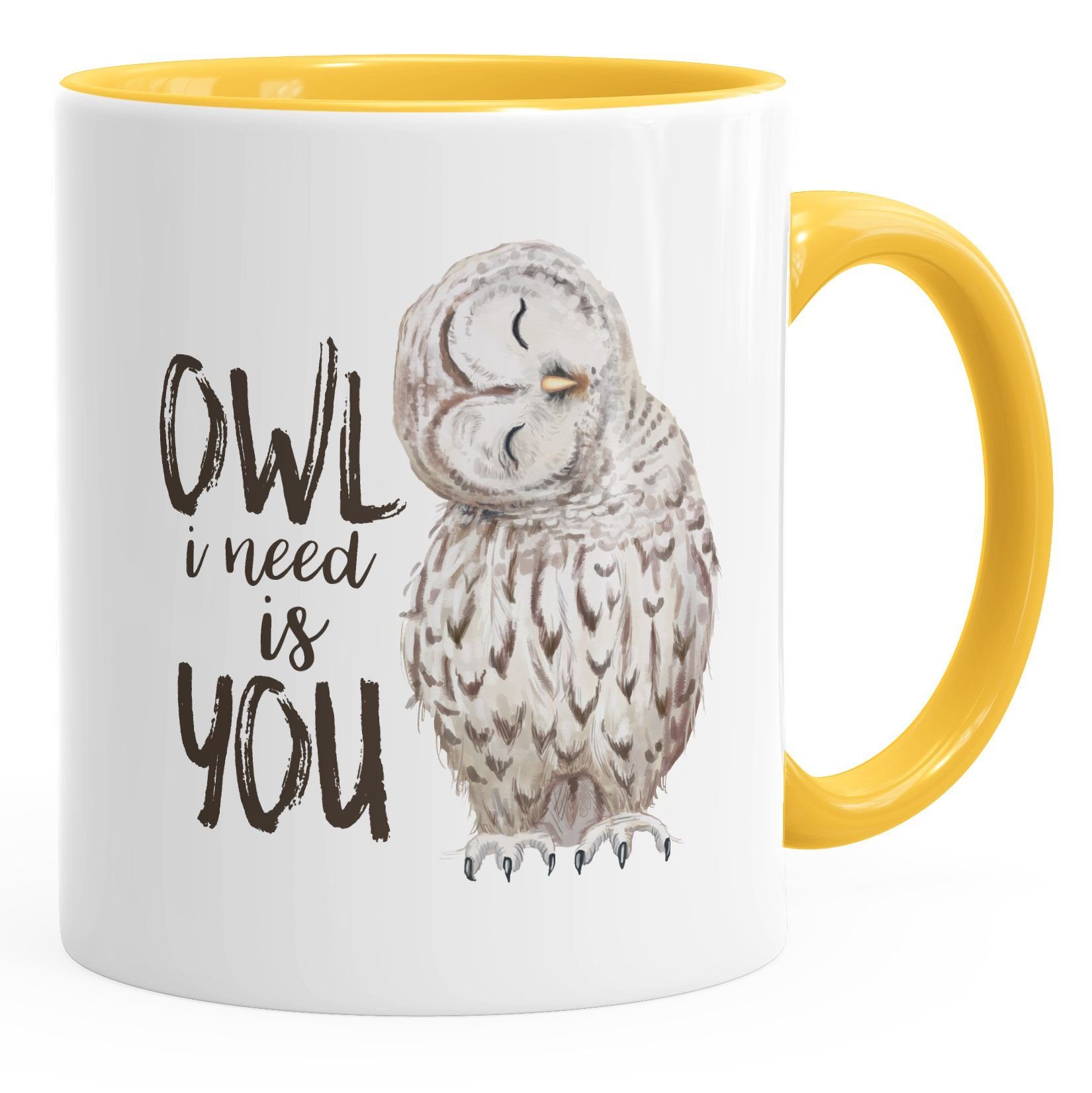 MoonWorks Tasse Kaffee-Tasse Eule Owl I need is you Liebe Spruch Geschenk Valentinstag Weihnachten Ehe Partnerschaft MoonWorks®, Keramik gelb