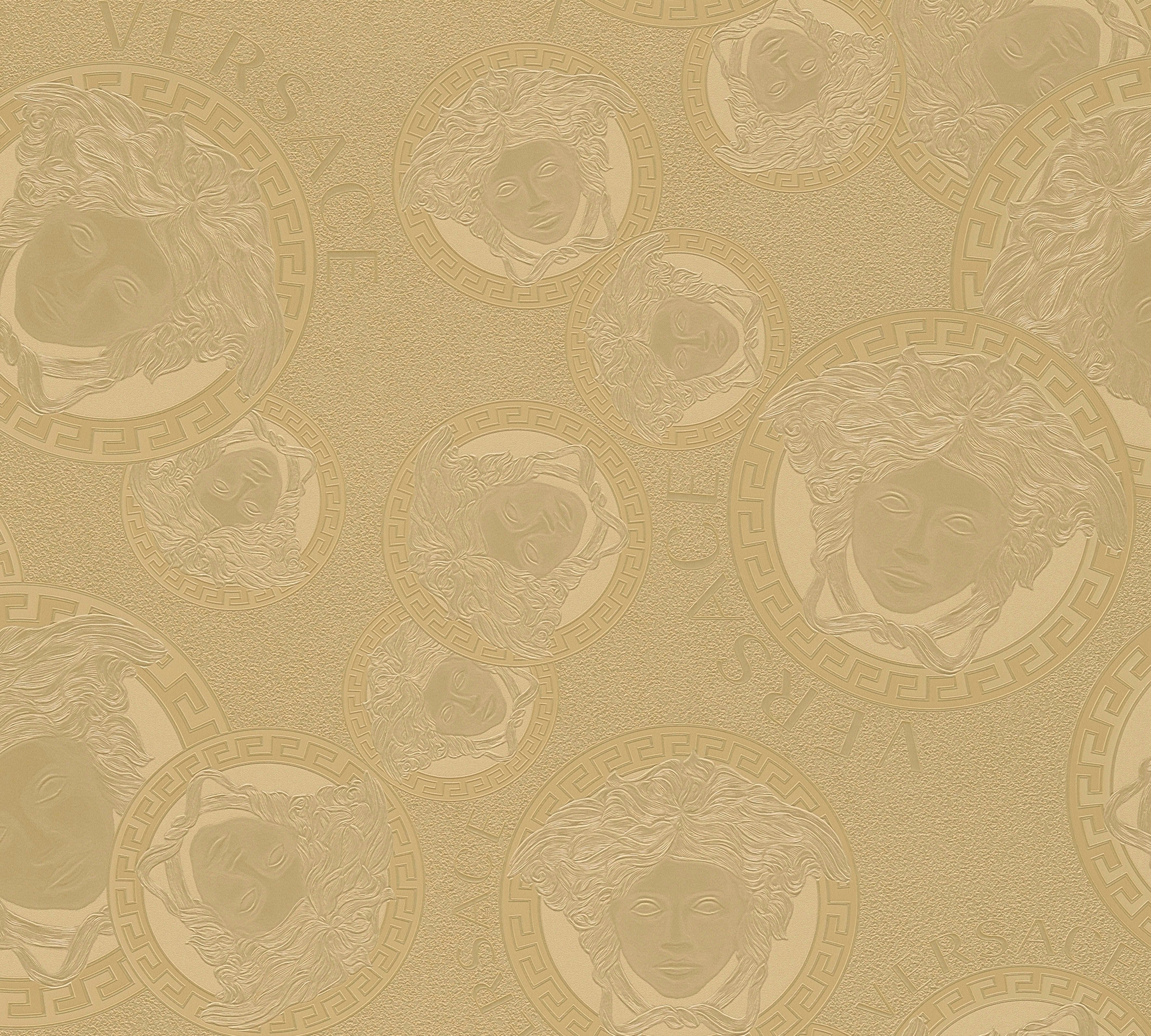 Versace Vliestapete Wallpaper Versace 5 Medusakopf Metallic, leicht strukturiert, hochglänzend, (1 St), Designertapete goldfarben