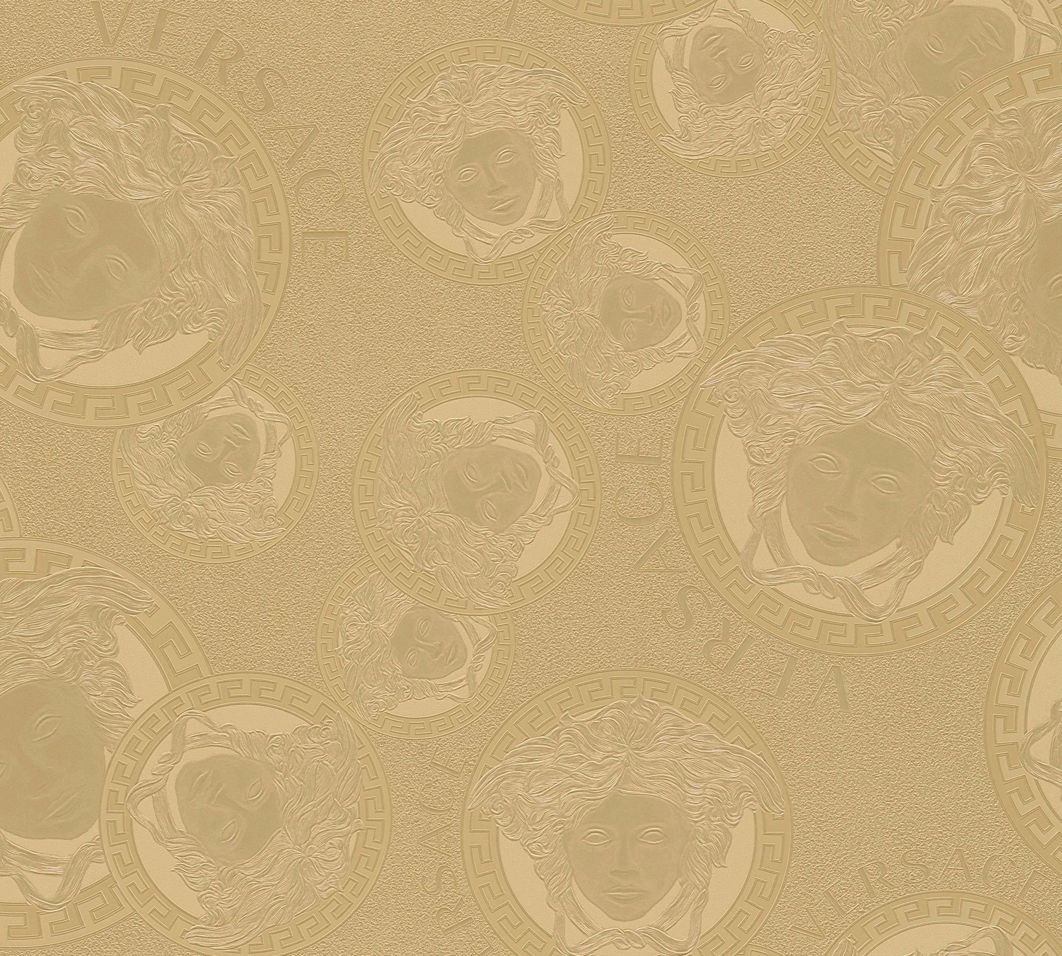Versace Vliestapete Wallpaper Versace 5 Medusakopf Metallic, leicht strukturiert, glänzend, hochglänzend, metallic, (1 St), Designertapete Обои Wohnzimmer Schlafzimmer Küche modern Flur Optik
