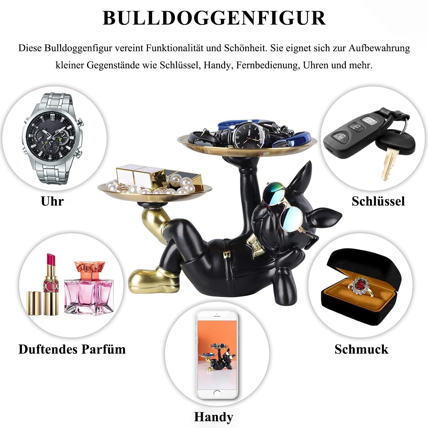 SURFOU Dekoschale Bulldogge Skulptur Deko Schlüssel Ablage Hund mit Tablett (Tierskulptur Tischdekoration Eingang Desktop Dekoration), Schlüsselablage Flur für Wohnzimmer Heimdekoration Moderne Büro