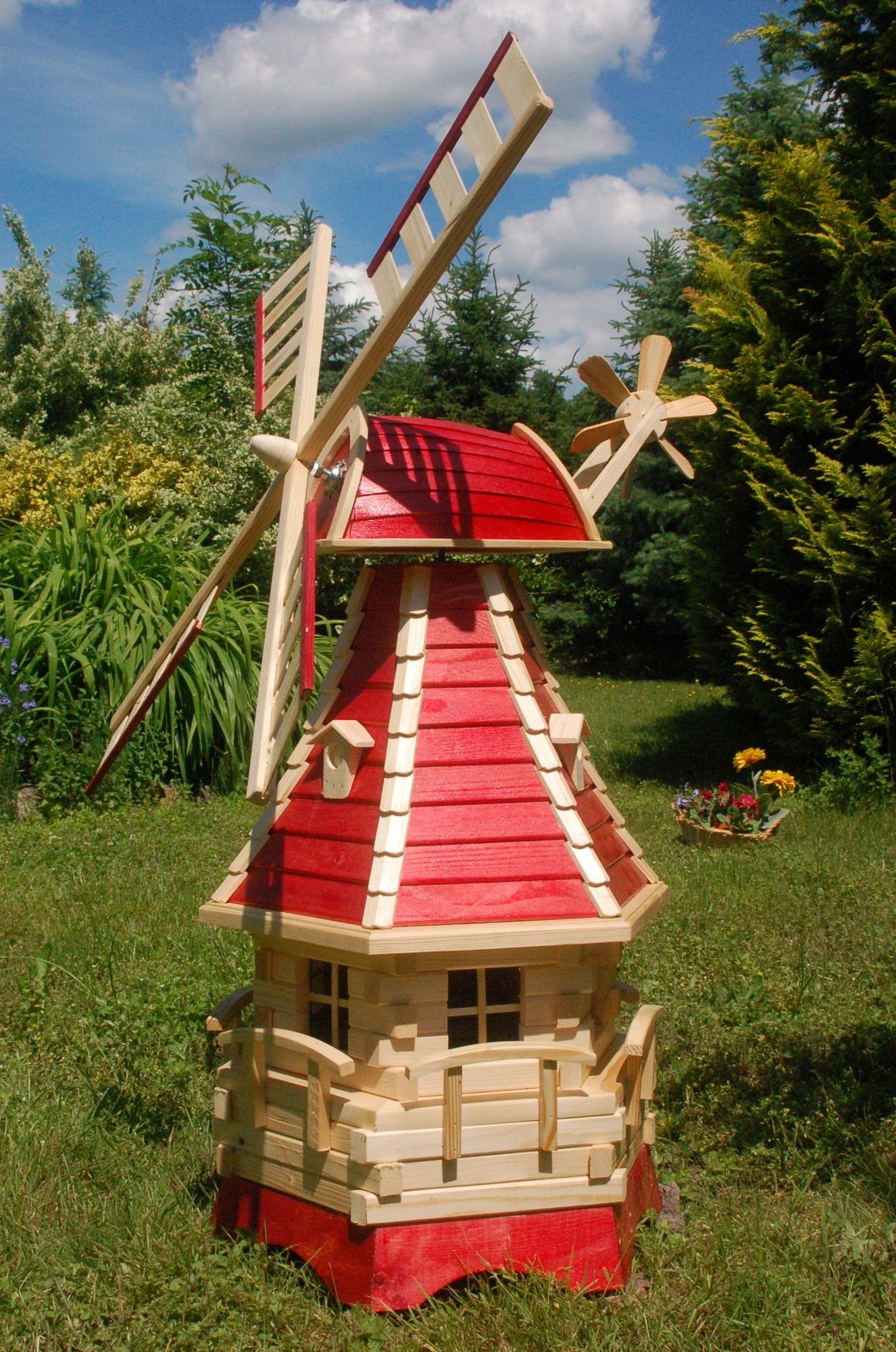 DSH DEKO SHOP HANNUSCH Gartenfigur Garten-Windmühle mit Lamellendach – Höhe 1,25m Rot