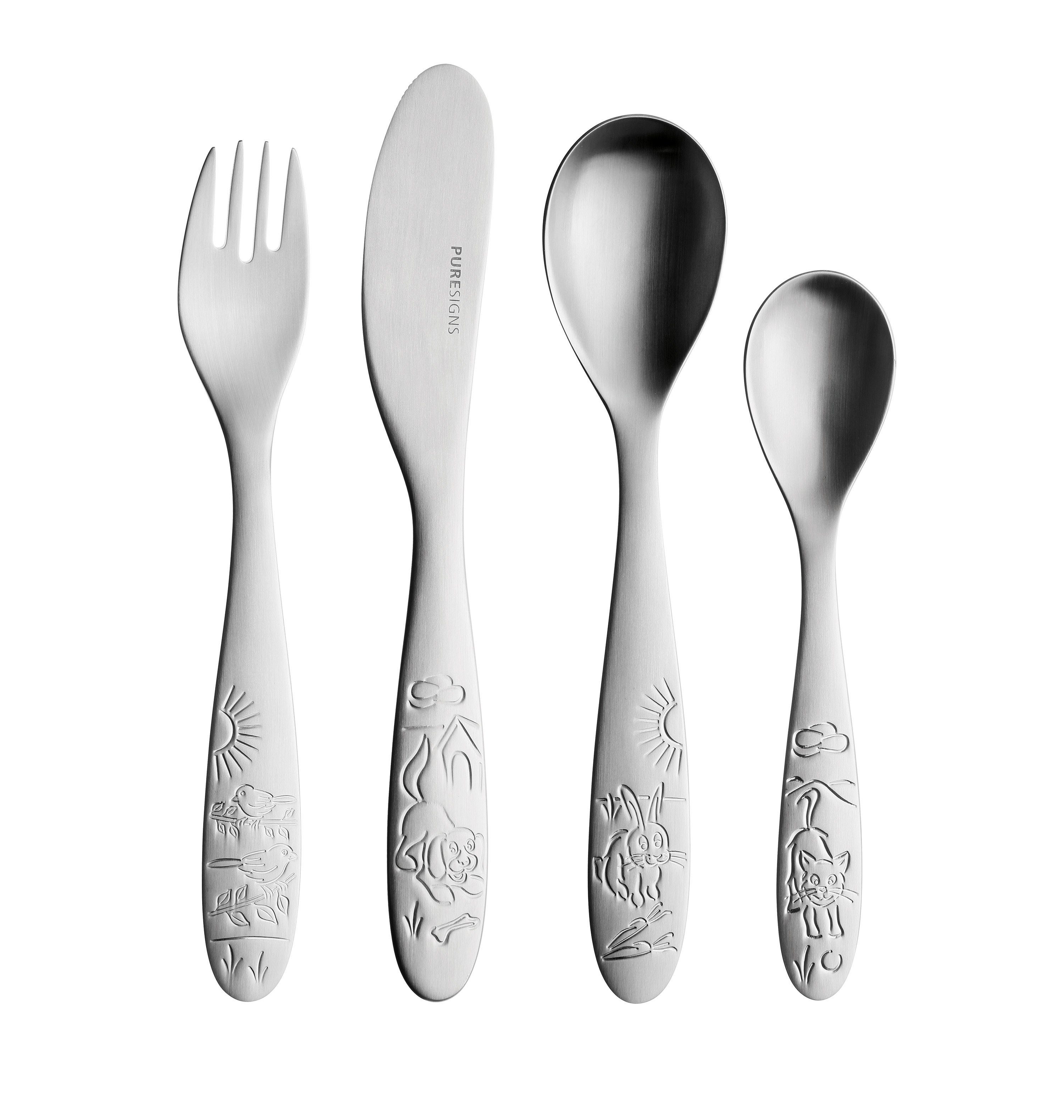 PURESIGNS Kinderbesteck PETYS (4-tlg), 1 Personen, Edelstahl 18/10, Plastikfreier Essgenuss für die Kleinen