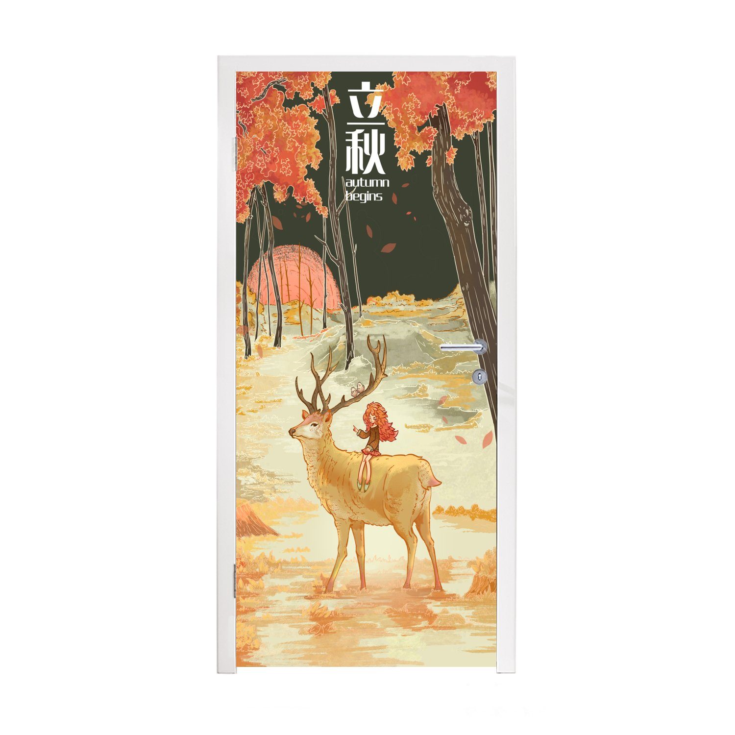 MuchoWow Türtapete Chinesische Illustration mit einem Hirsch und einem Mädchen im Herbst, Matt, bedruckt, (1 St), Fototapete für Tür, Türaufkleber, 75x205 cm