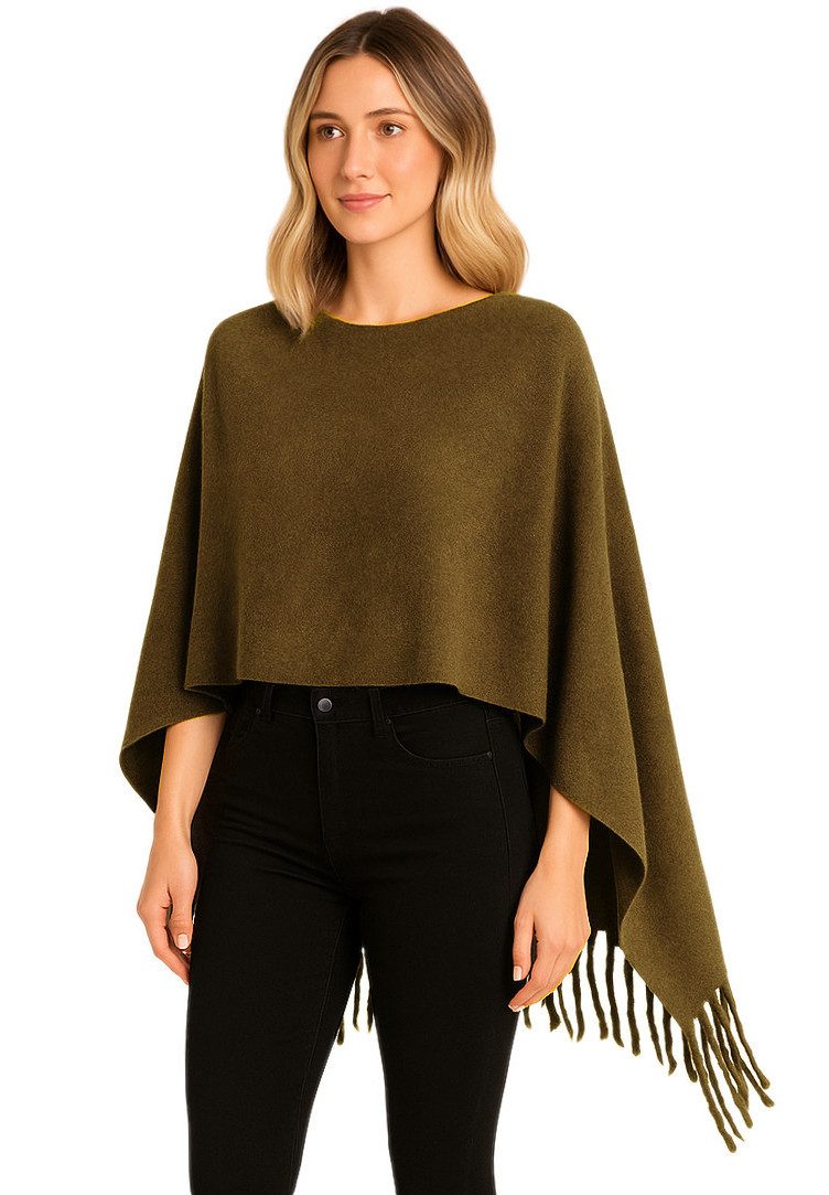 dy_mode Strickponcho Kuscheliger Damen Strickponcho mit Fransen – Unifarbener Überwurf/Cape Unifarbe, mit Fransen