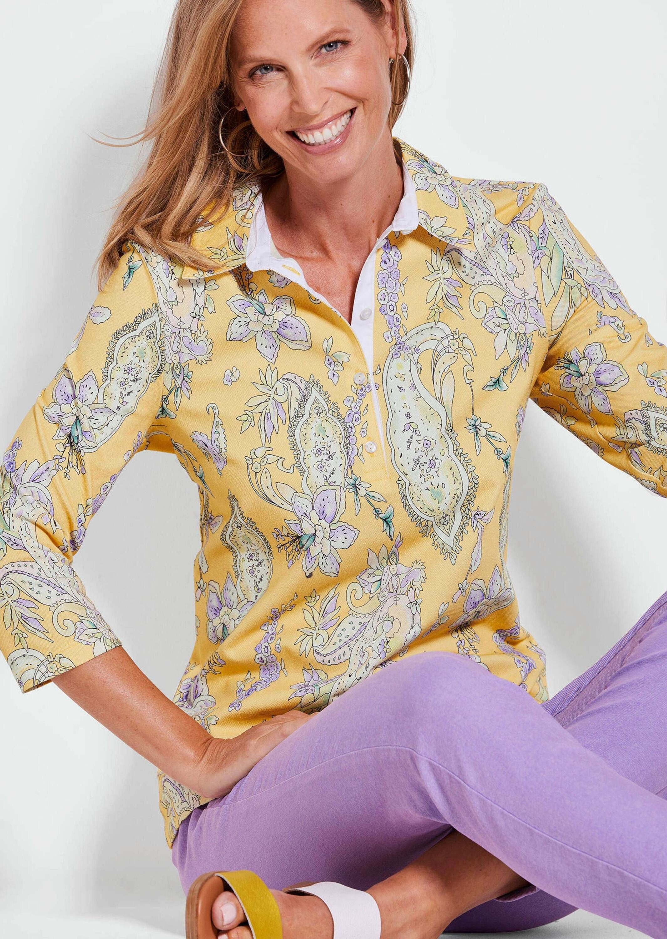 GOLDNER Print-Shirt Druckshirt mit Paisley-Muster Baumwollshirt mit Polokragen, Knopfleiste und 3/4-Arm