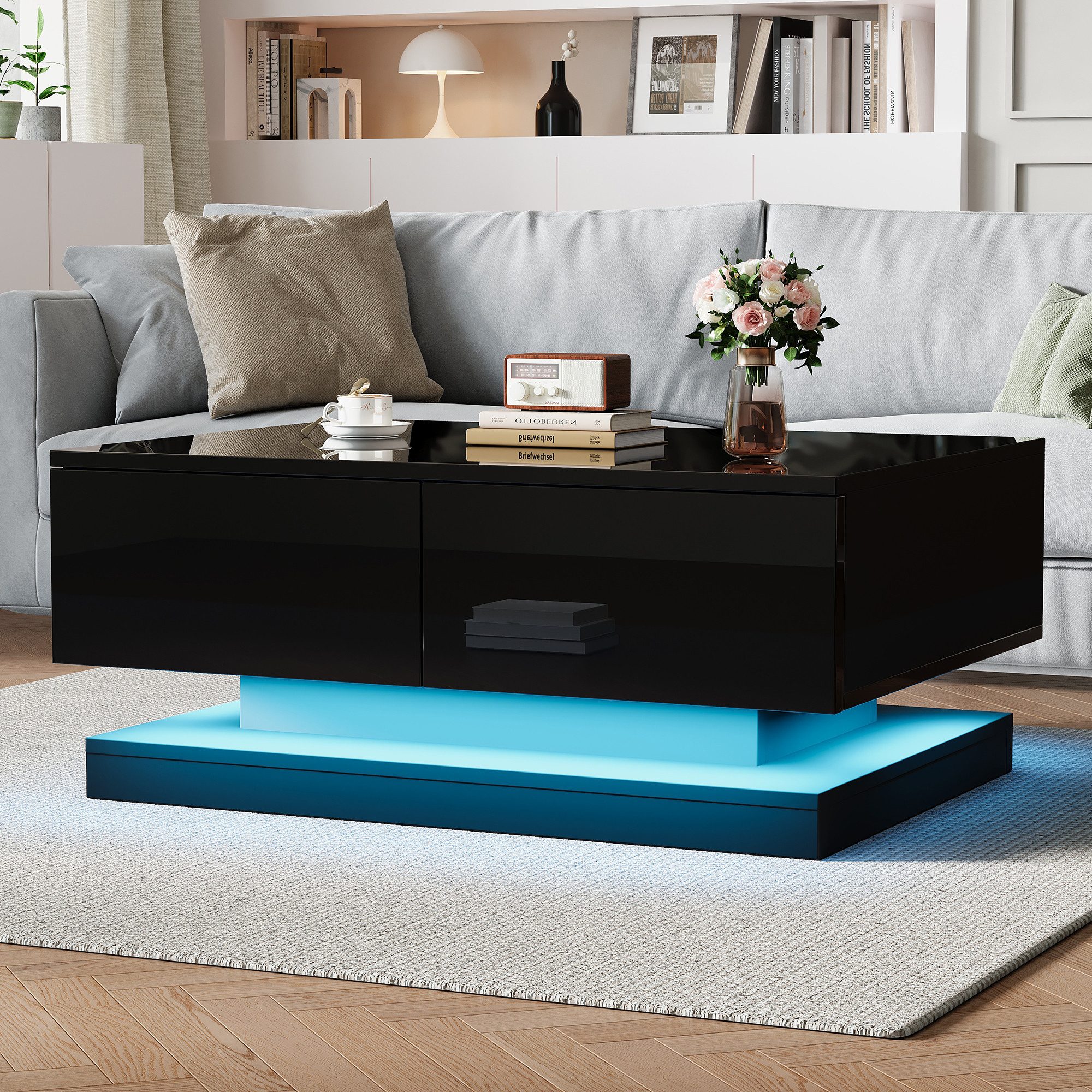 MODFU Couchtisch mit Hochglanz-Oberfläche (Satztisch, Wohnzimmertisch, Beistelltisch, 1-St., mit 2 Schubladen), mit LED-Beleuchtung, gesteuert über eine mobile App