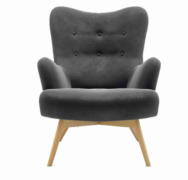 Furnix Sessel IRULAN Polstersessel mit Holzbeinen in Retro, mit eldler Knopfheftung, Holzbeine