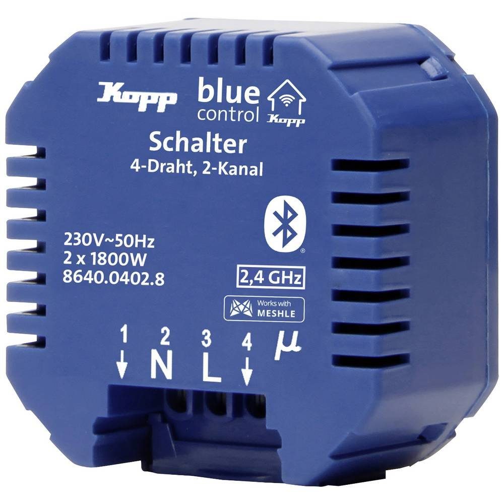 Kopp Blue-control Schaltaktor, 2 Kanal, 4-Draht, mit Smart-Home-Steuerelement