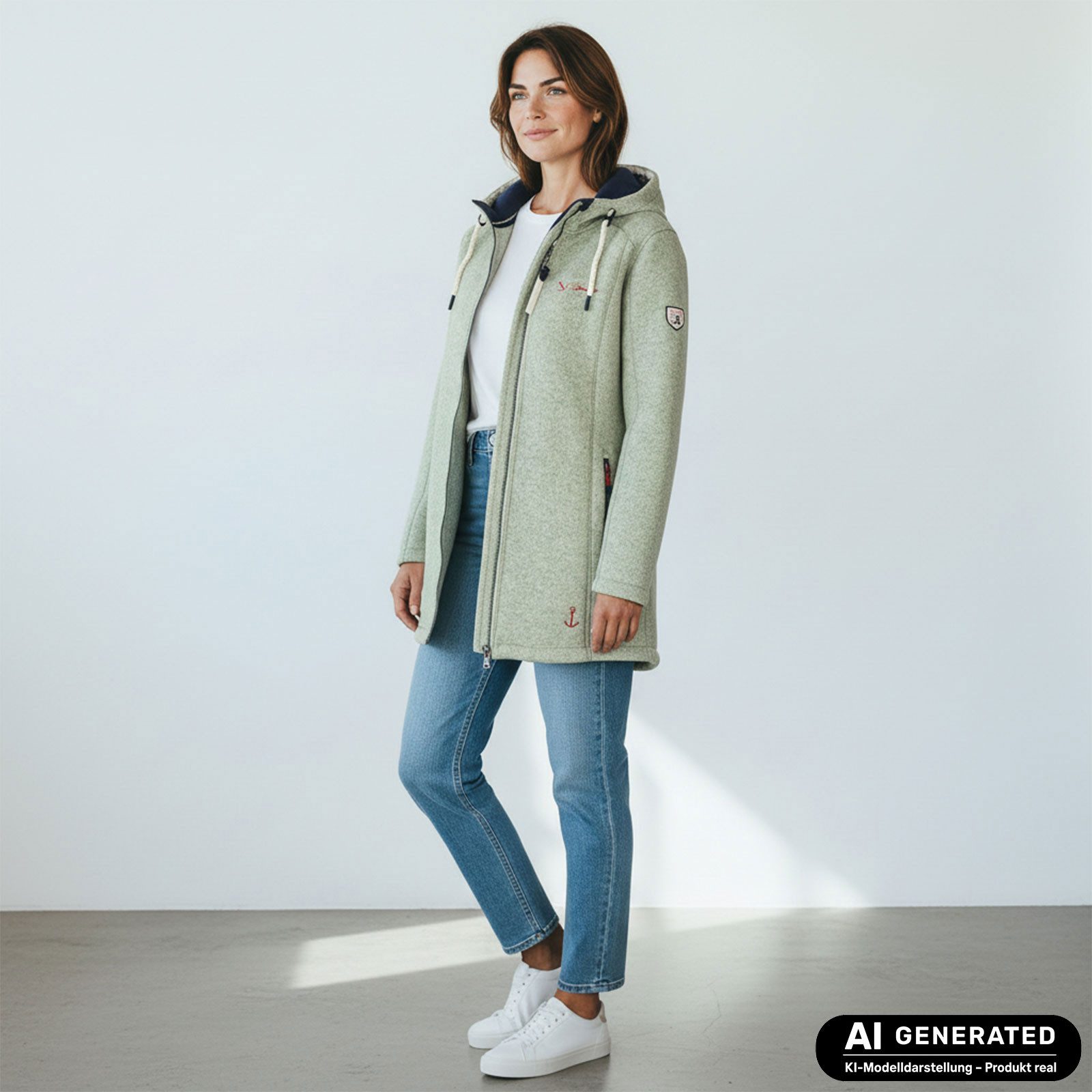 Dry Fashion Wollmantel Amsterdam Damen Wollfleece-Mantel - Fleecemantel Fleecejacke Meliert Windabweisend, 2-Wege-Reißverschluss, Kapuze, Reißverschluss-Taschen
