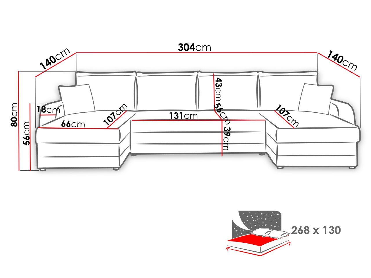 cm L: mit und Kissen-Set, Schlaffunktion MIRJAN24 Ecksofa U-Form Lux, mit Bettkasten, Kris 304 U drei