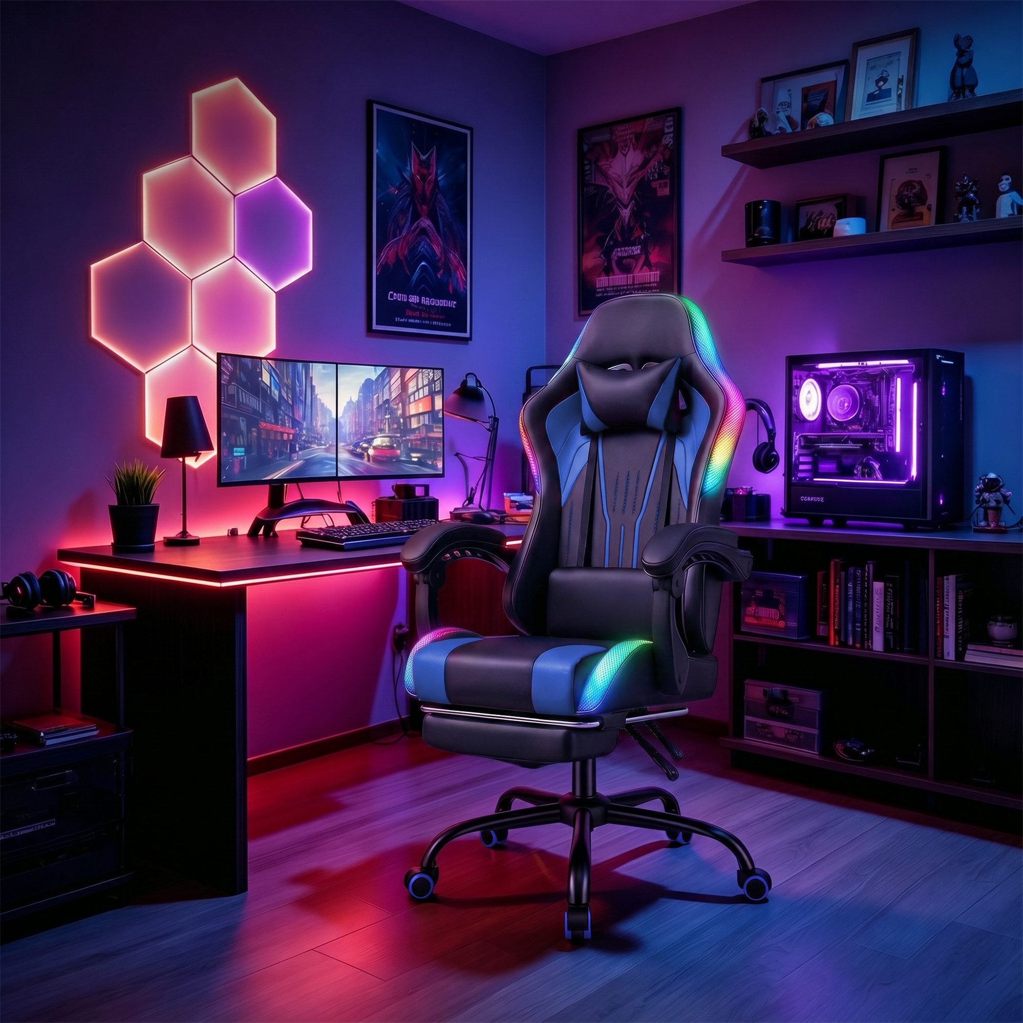 HOMALL Gaming-Stuhl mit LED,Ergonomisch,Fußstütze,computerstuhl,gaming stuhl mit massage, Ergonomischer Bürostuhl,Kopfstütze und Lendenstütze