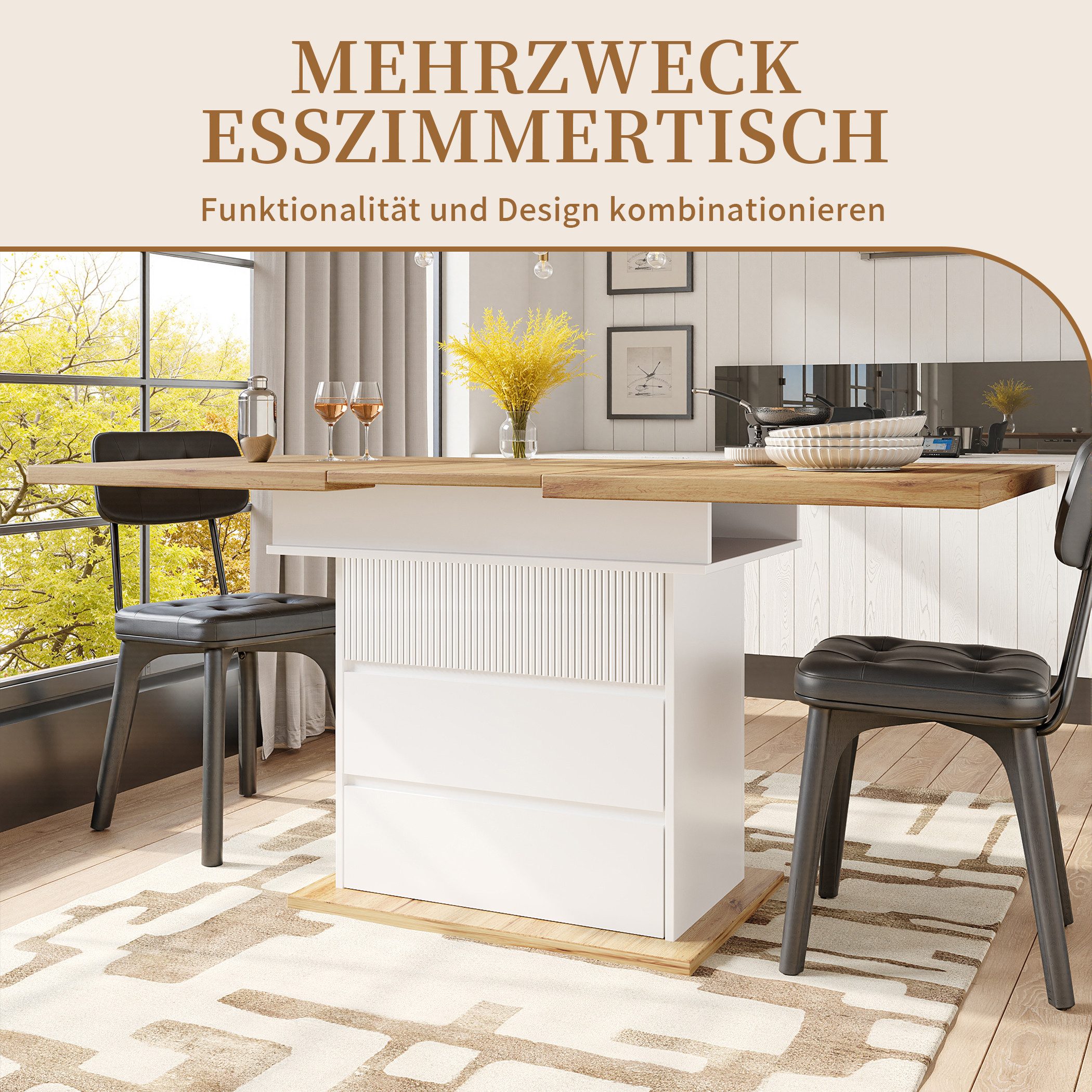 SeedWave Esstisch Ausziehbarer Küchentisch mit Erweiterter Tischplatte, Stauraum, Inkl. 1 geschlossenes Fach, 2 grifflose Schubladen