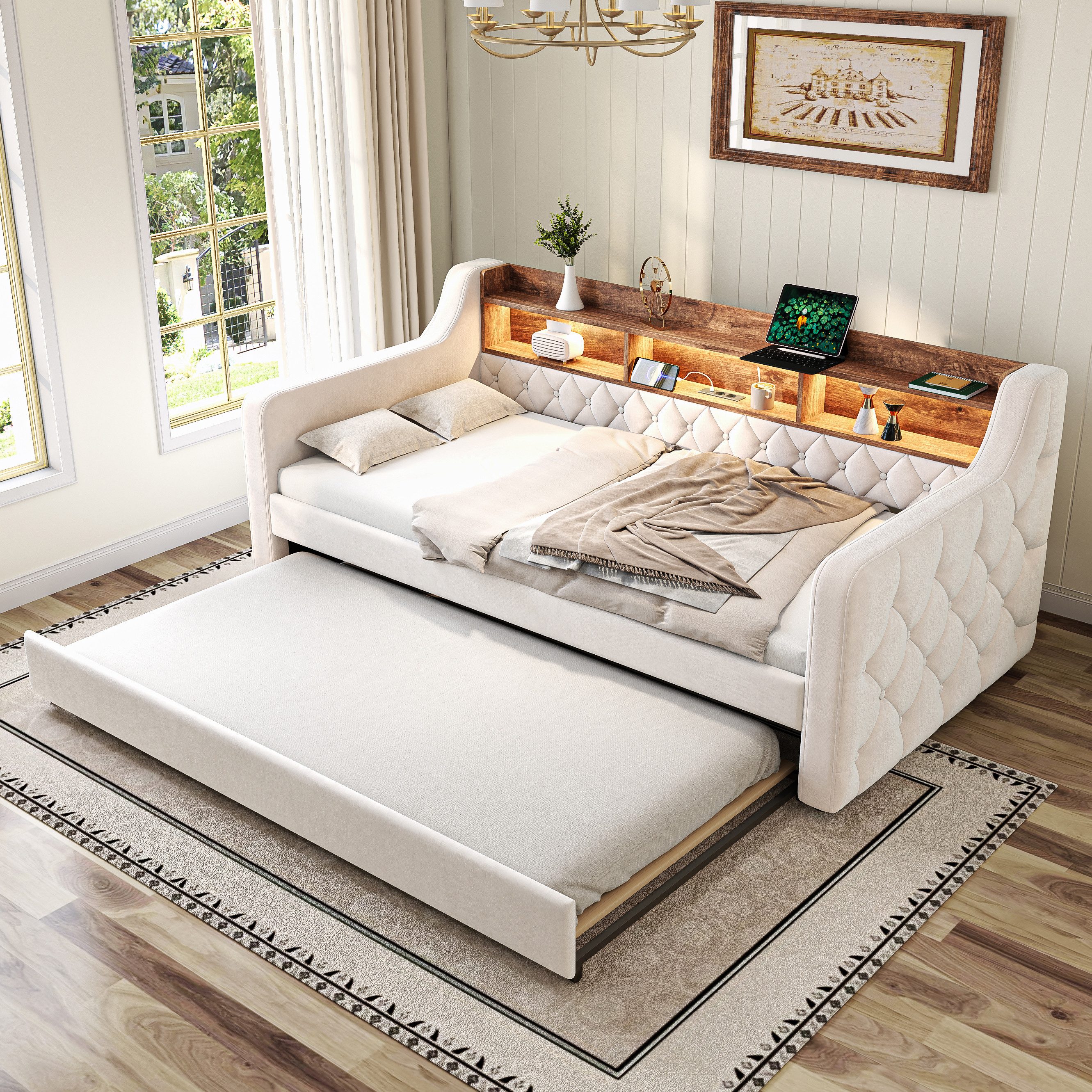 Celya Polsterbett Schlafsofa aus Samt mit Stauraum (ohne Matratze mit LED-Ambiente und USB-C-Anschluss), Ideal für Schlafzimmer, Gästezimmer oder Jugendzim
