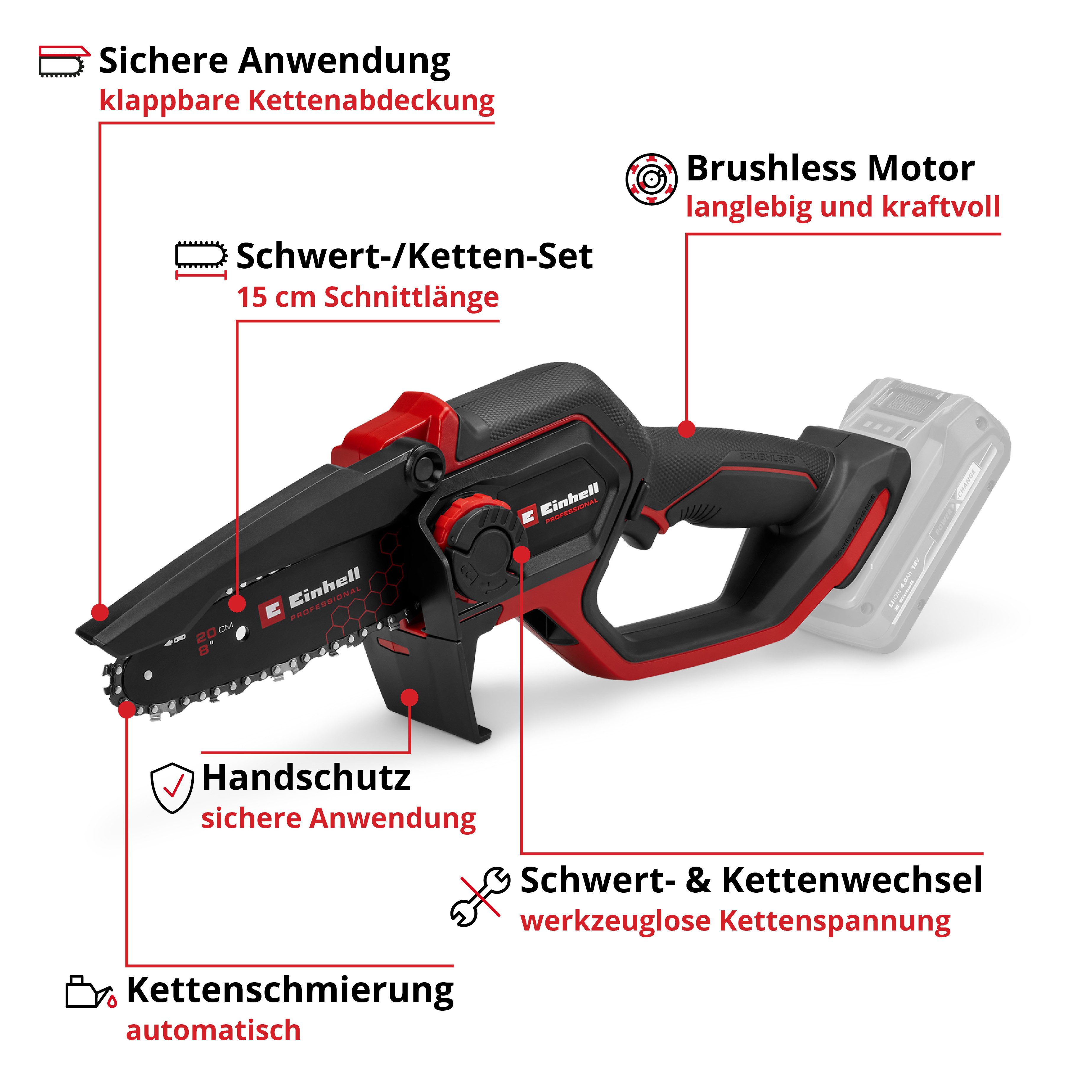 Einhell Akku-Kettensäge PROFESSIONAL Akku-Astkettensäge »GP-PS 18/20 Li BL« (1x4,0Ah), 19,2 cm Schwertlänge, Inkl. Akku und Ladegerät
