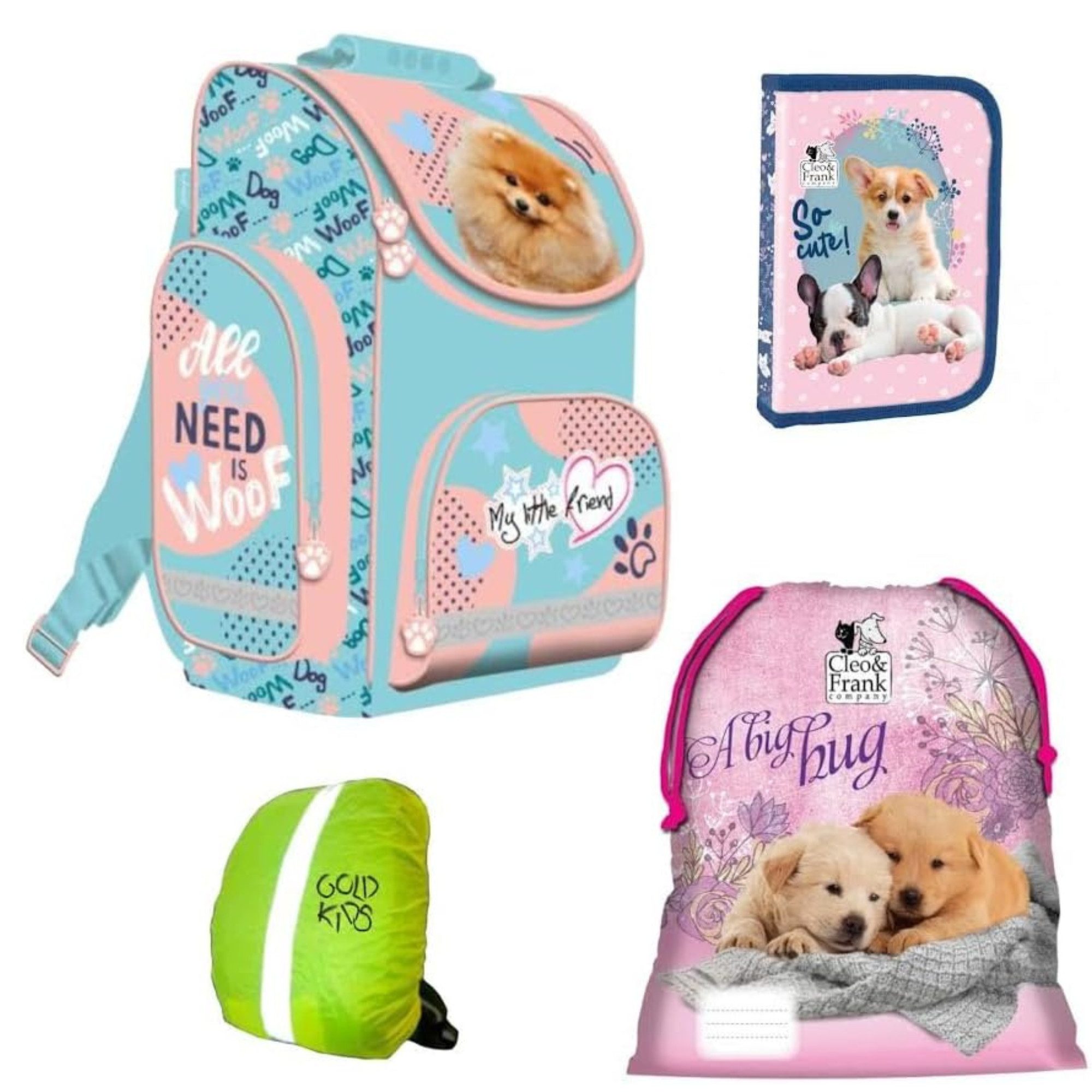 GOLDKIDS Schulranzen My Little Friend (Set Ranzen Federmappe Federmäppchen, 1-tlg., Turnbeutel Regenschutz Fluffy Dog Hund 4-teilig), ab 1 Klasse der Grundschule.