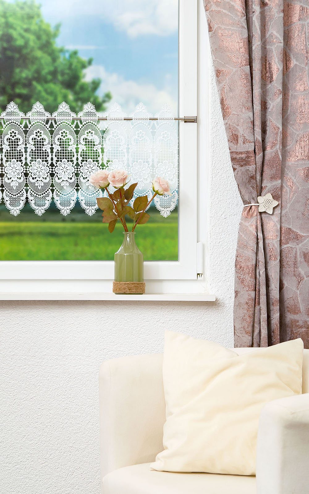 Plauener Spitze® Scheibengardine Spitzenblume (1 St), transparent, HxB 34x4 günstig online kaufen