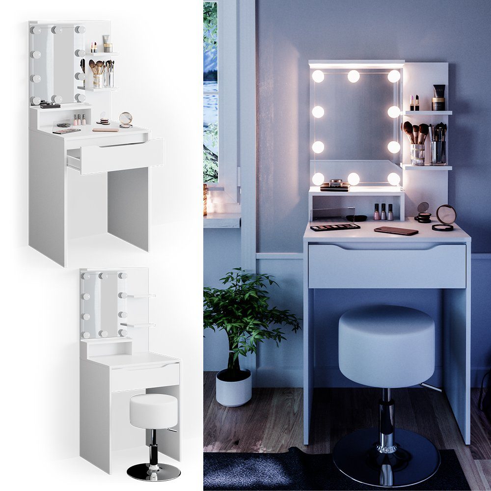 Vicco Schminktisch Ruben, Weiß, 60 cm mit LED Beleuchtung und Hocker günstig online kaufen