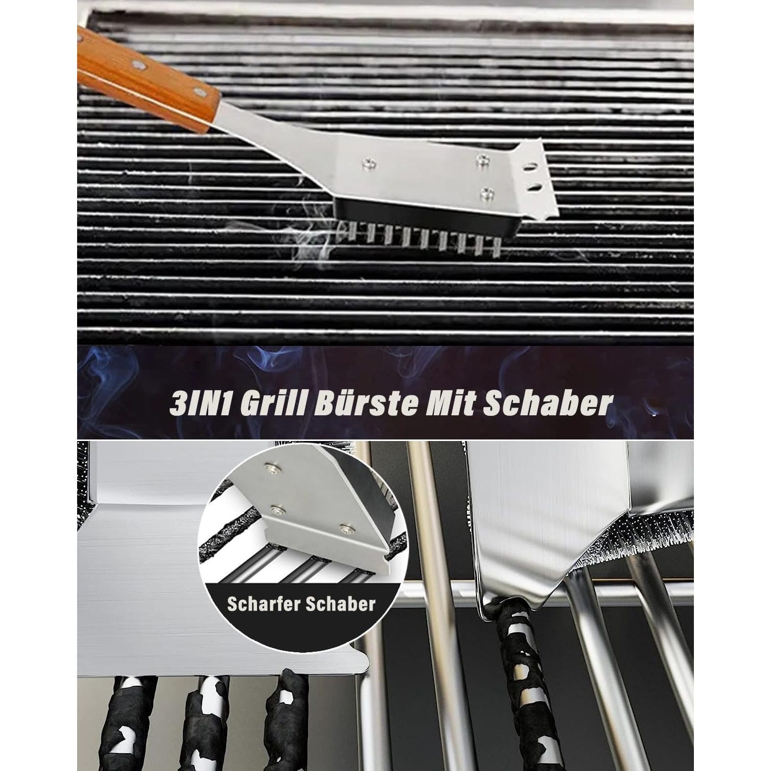 Thumbnail - LuxusKollektion Grillbürste Grill Reinigungsbürste und Schaber 3IN1 BBQ Bürste 38CM Langer Griff