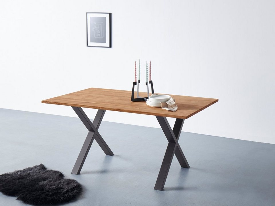 FSC®- aus massiver Esstisch, aus Tischplatte- 2 andas cm Metall, Tischplatte Gestell Eiche, Stärke Massivholz,