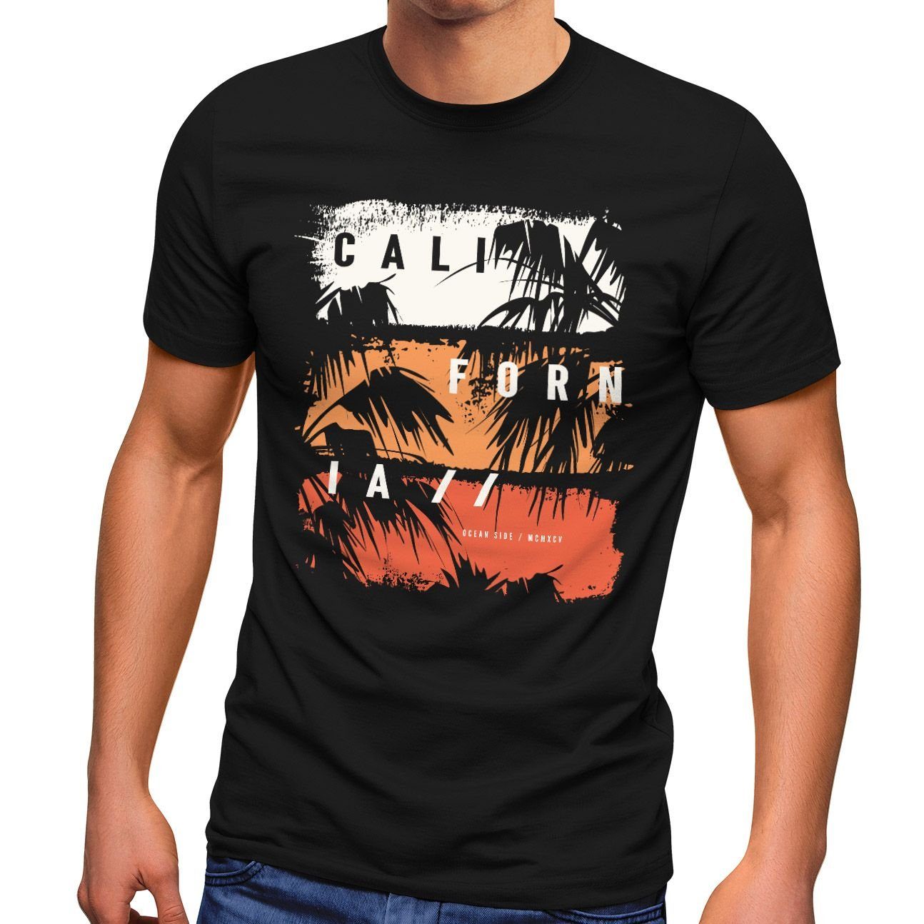 Print-Shirt Herren T-Shirt California Schriftzug Palmen Printshirt Aufdruck