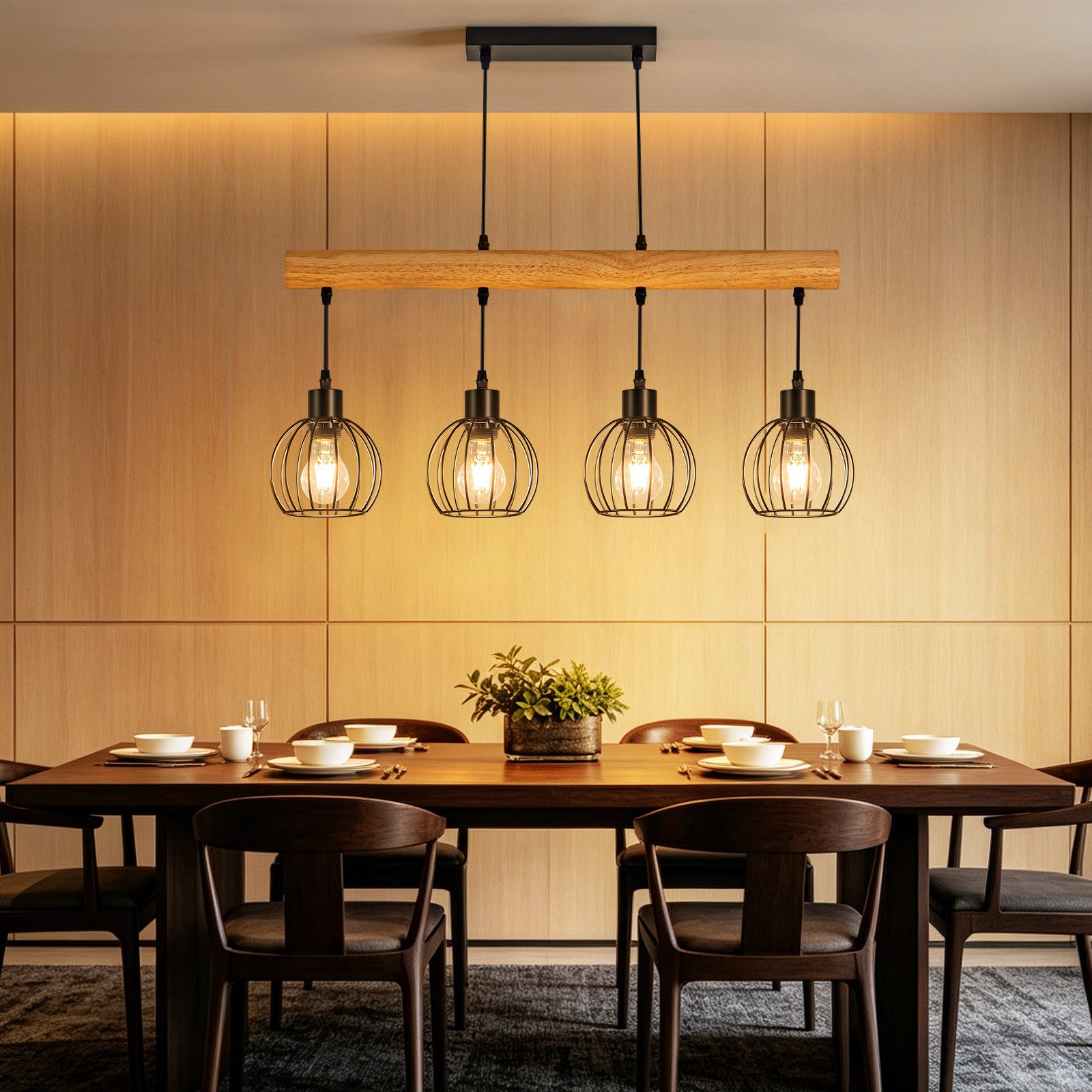 Nettlife Pendelleuchte Vintage 3/4 flammig schwarz Hängelampe aus Holz im Industrial Design, ohne Leuchtmittel, Retro Hängeleuchte für Esstisch Küche Wohnzimmer Bar Eisen