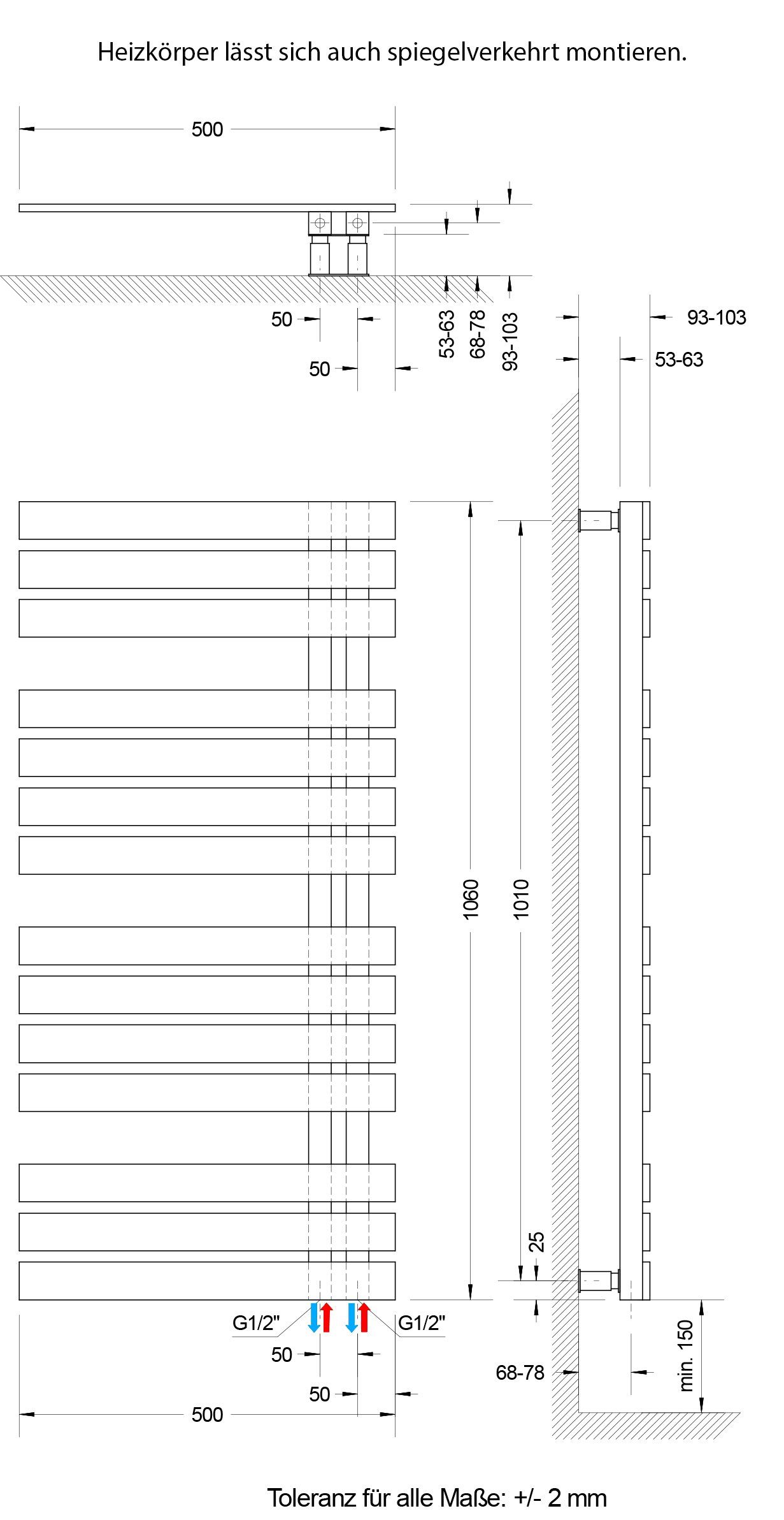 Schulte Badheizkörper Breda unten, Handtuchwärmekörper, Paneelheizkörper, cm Design-Heizkörper, Schwarz Pearl Anschluss x 50 106