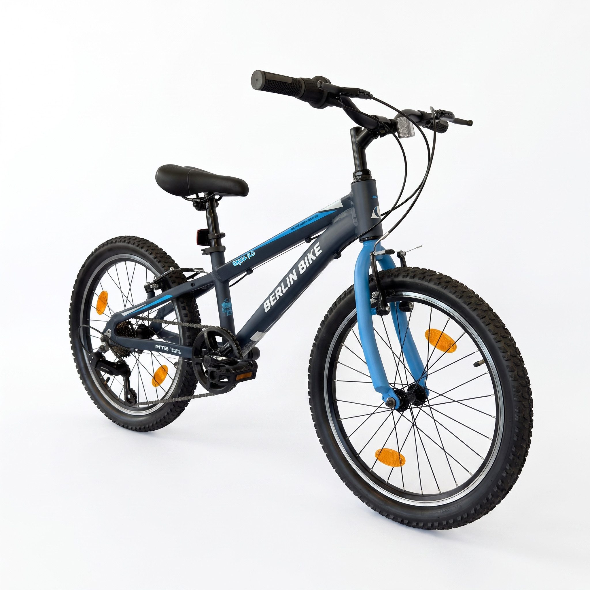 BERLIN BIKE Kinderfahrrad 20 Zoll MTB Kid Grizz Serien, leichtes Aluminiumrahmen, 7 Gang Shimano RD-TY200 Schaltwerk, Kettenschaltung, Mitwachsend dank höhenverstellbarem Sattel und Lenker