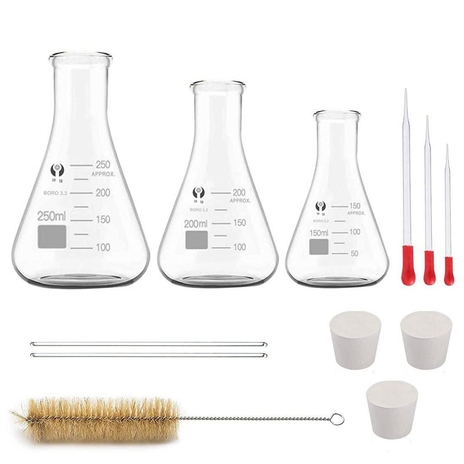 Gläser-Set Glas Erlenmeyerkolben Set 250ml 200ml 150ml mit Messzylinder
