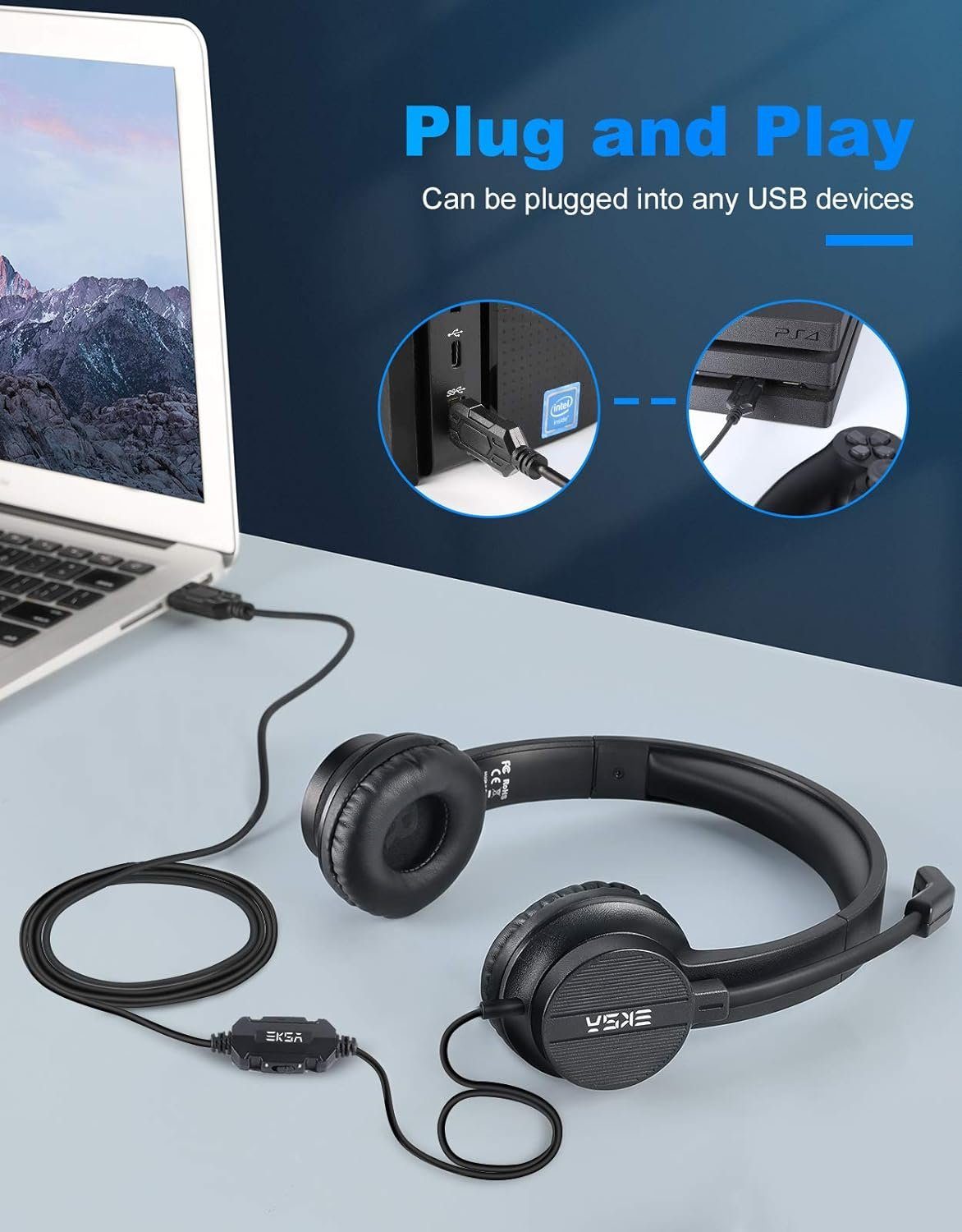 Usb EKSA (USB Headset headset Rauschunterdrückung, Mikrofon Gaming-Headset stummschalter pc mit PC USB-Headset, lautstärkeregler mit mikrofon kabel) mit